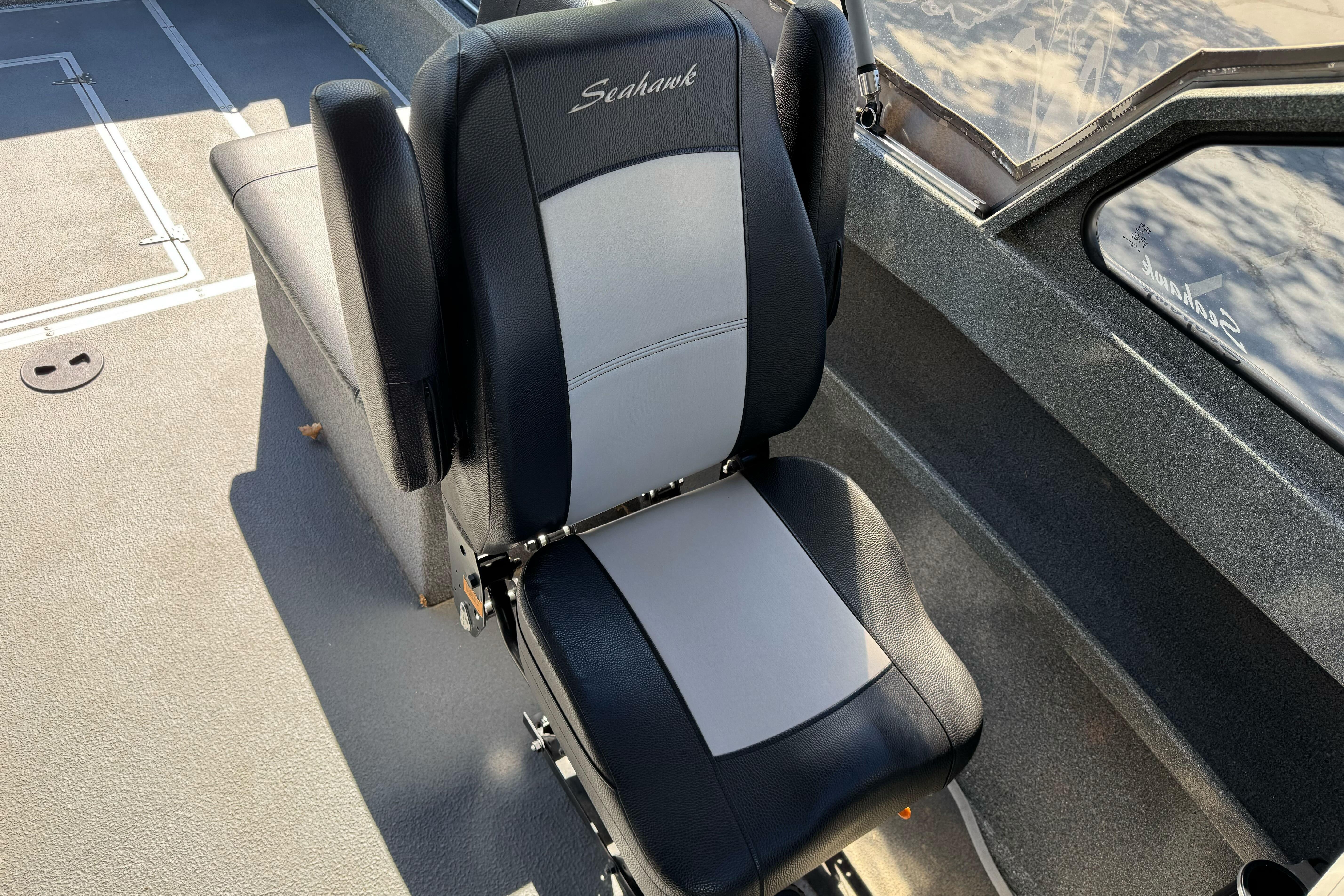 2023 North River 21 X 84 Seahawk boat seat, black and gray upholstery.
