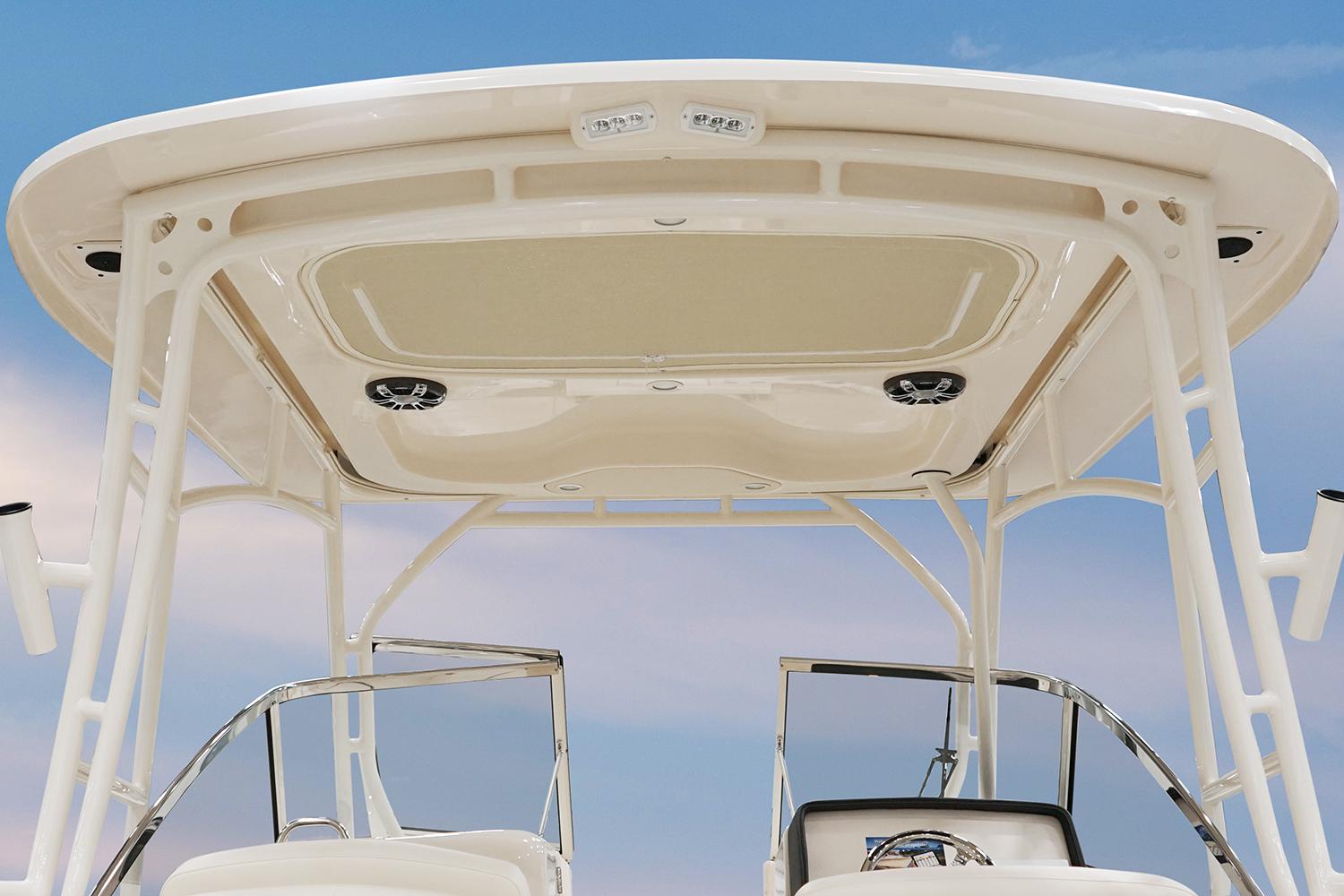 Manufacturer Provided Image: 2023 Grady-White Freedom 275 boat hardtop and console against blue sky.