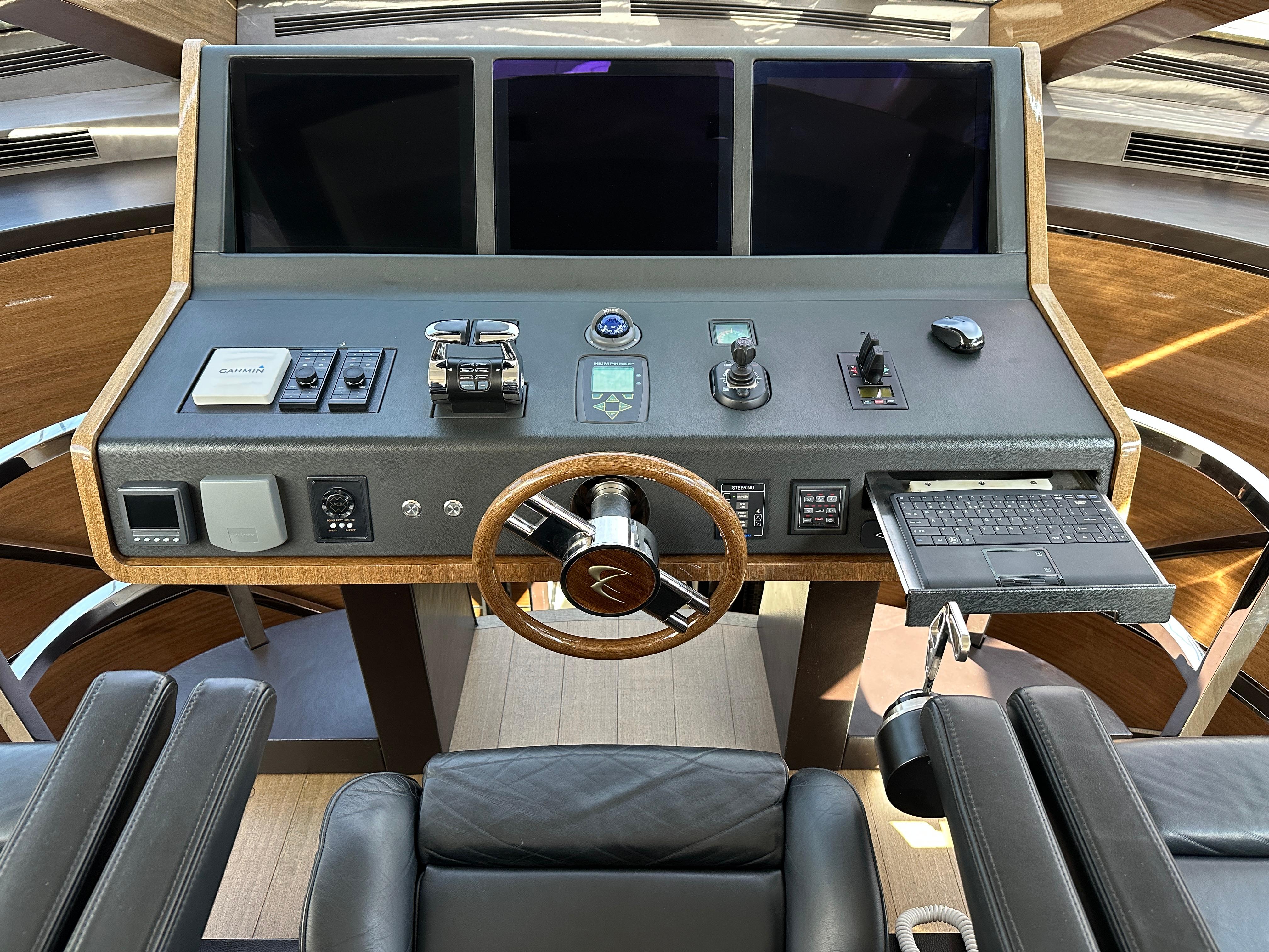 Cheoy Lee-Alpha 87 Express Sportbridge 2014-BBELLA FL-US-Control panel of 2014 Cheoy Lee Alpha 87 Express Sportbridge yacht with steering wheel and monitors.-9807207 | Thumbnail