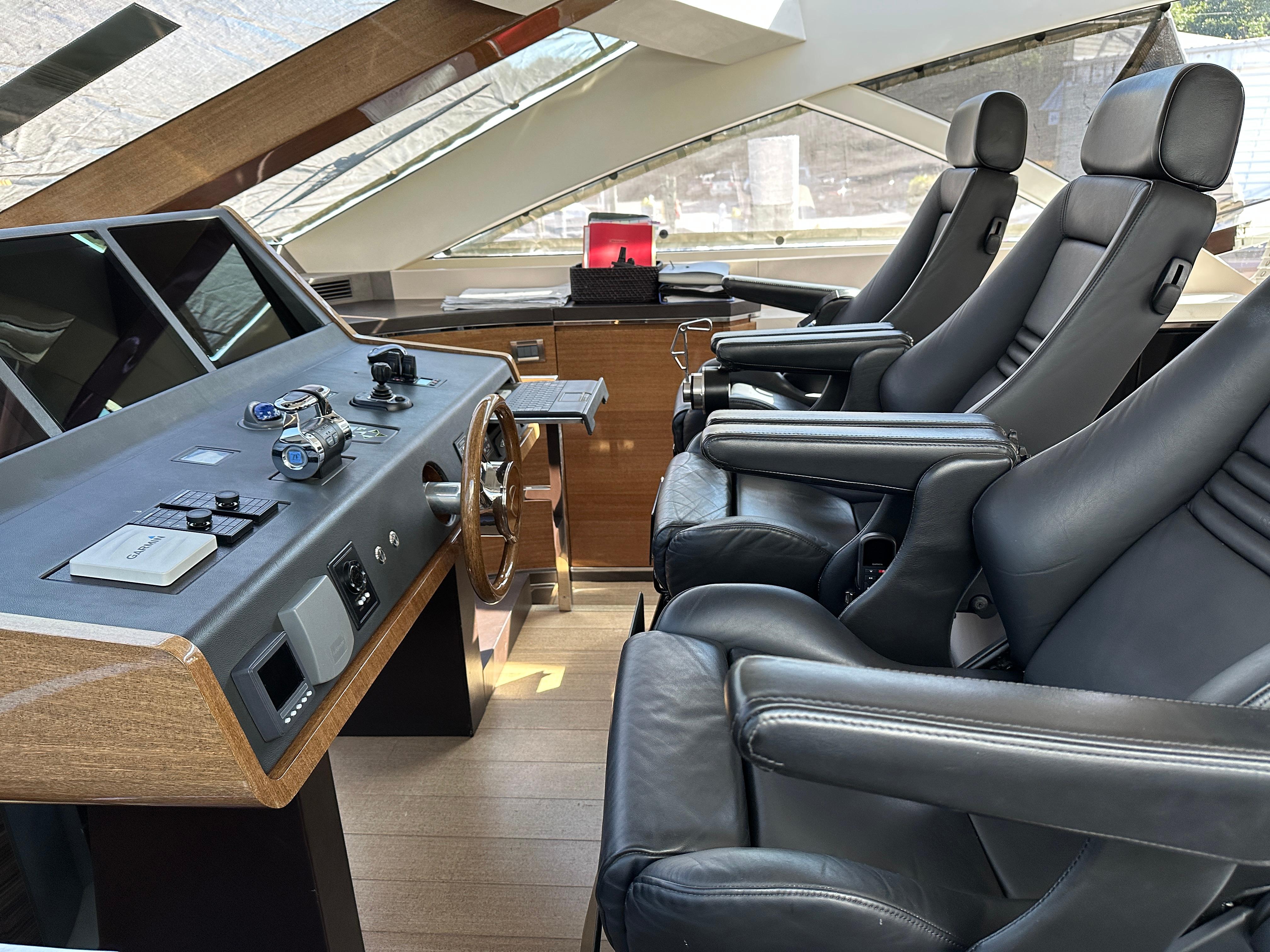 Cheoy Lee-Alpha 87 Express Sportbridge 2014-BBELLA FL-US-Luxurious helm of 2014 Cheoy Lee Alpha 87 Express Sportbridge with leather seats and modern controls.-9807207 | Thumbnail