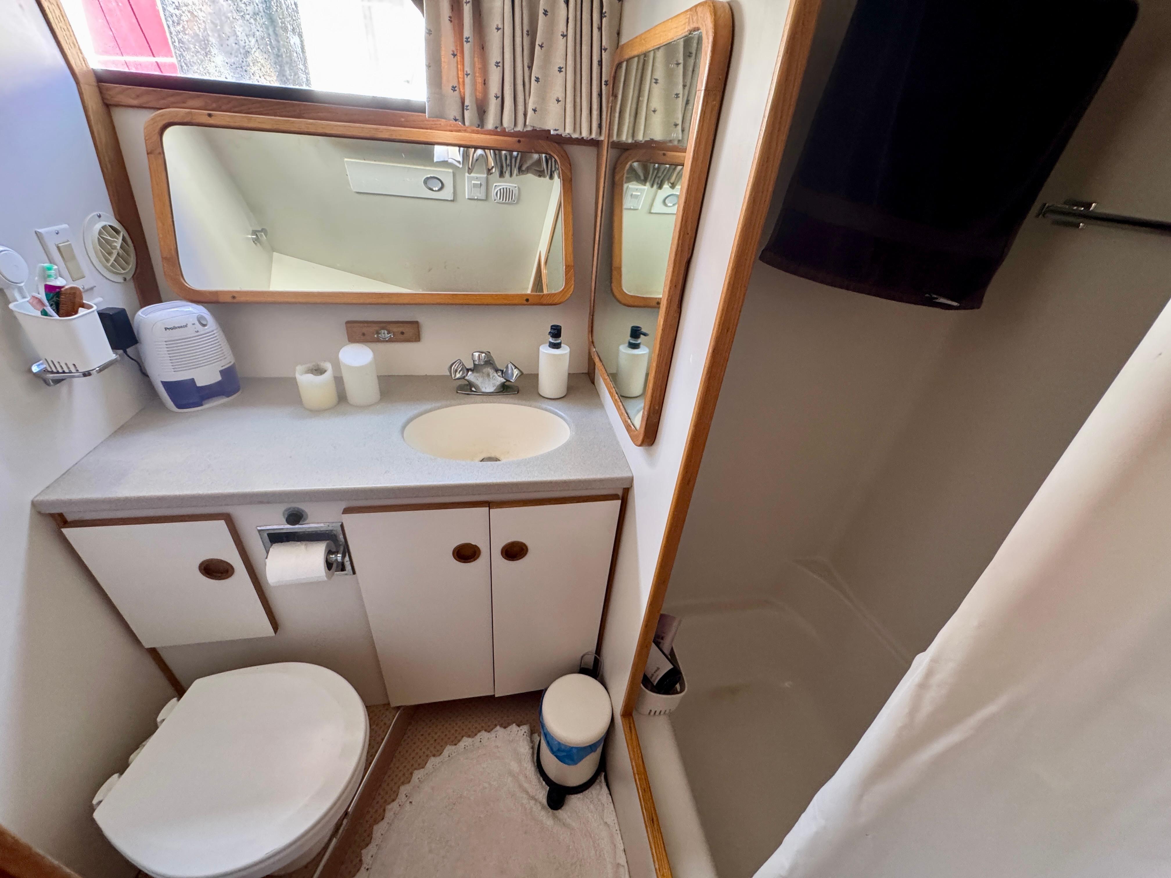 Bathroom interior of 1989 Chris-Craft Catalina boat with sink, mirror, and shower.