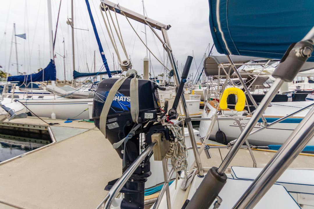 J Boats-46 2001-Lark US-2001 J Boats 46 sailboat docked with outboard motor, surrounded by other boats.-9774775 | Thumbnail