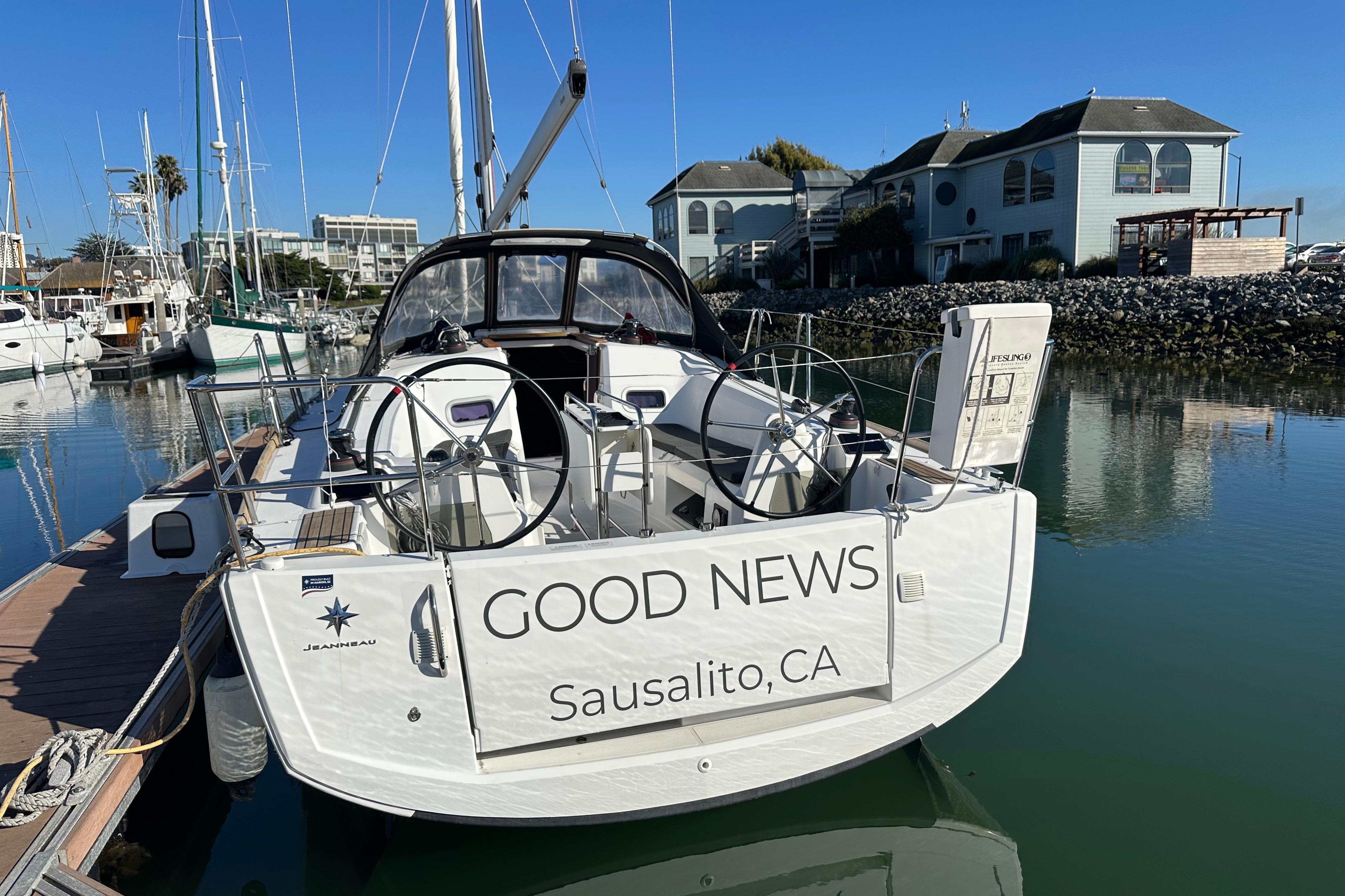 Jeanneau Sun Odyssey 349 sailboat docked in Sausalito, CA, 2021 model.