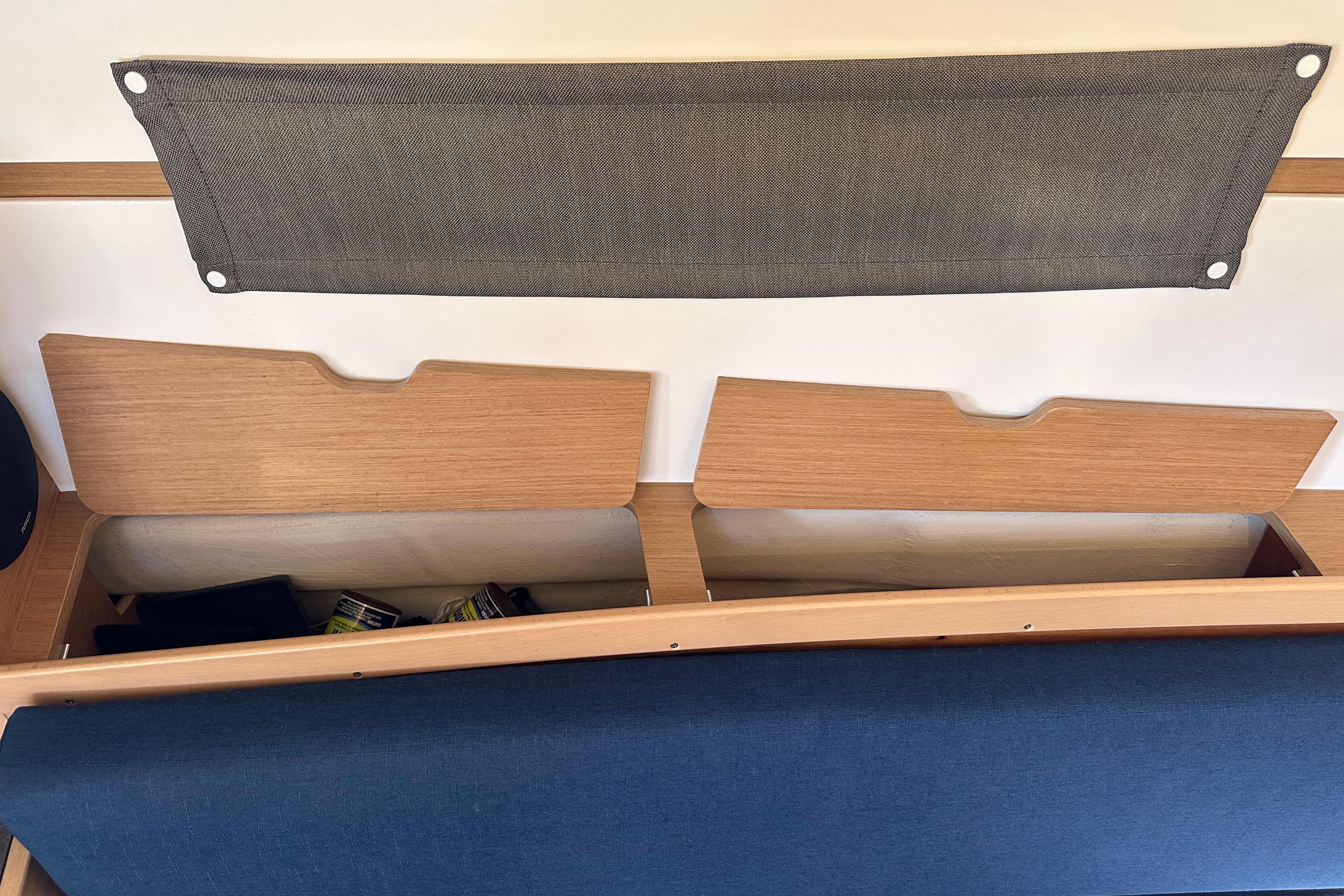 Interior storage compartments on a 2021 Jeanneau Sun Odyssey 349 sailboat.