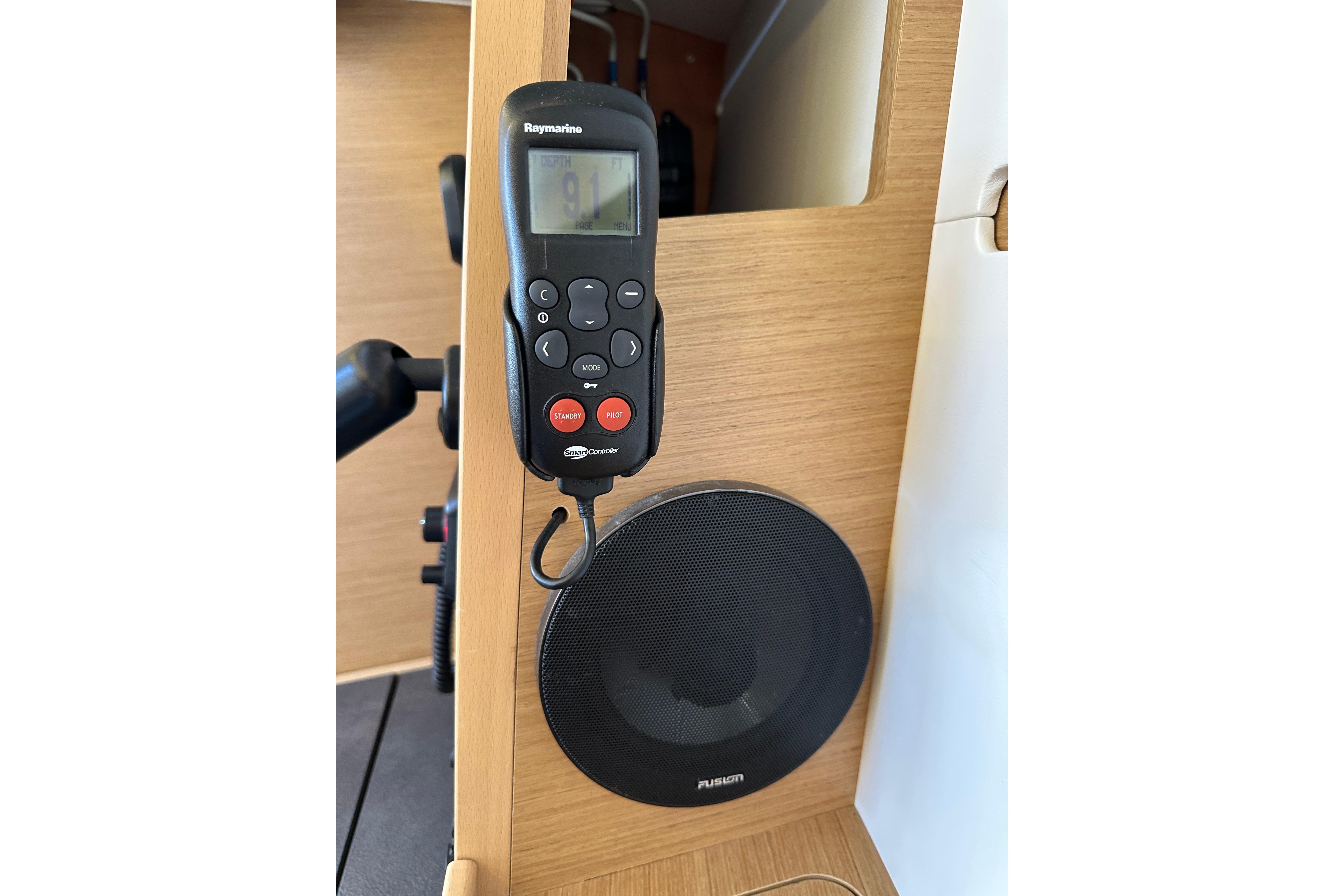Raymarine control panel and Fusion speaker on Jeanneau Sun Odyssey 349, 2021 model.