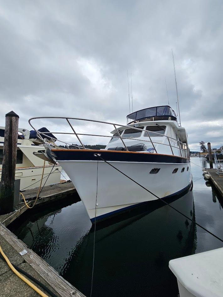 DeFever-53 POC 1987 -WA-US-1987 DeFever 53 POC yacht docked at marina under cloudy skies.-9787461 | Thumbnail
