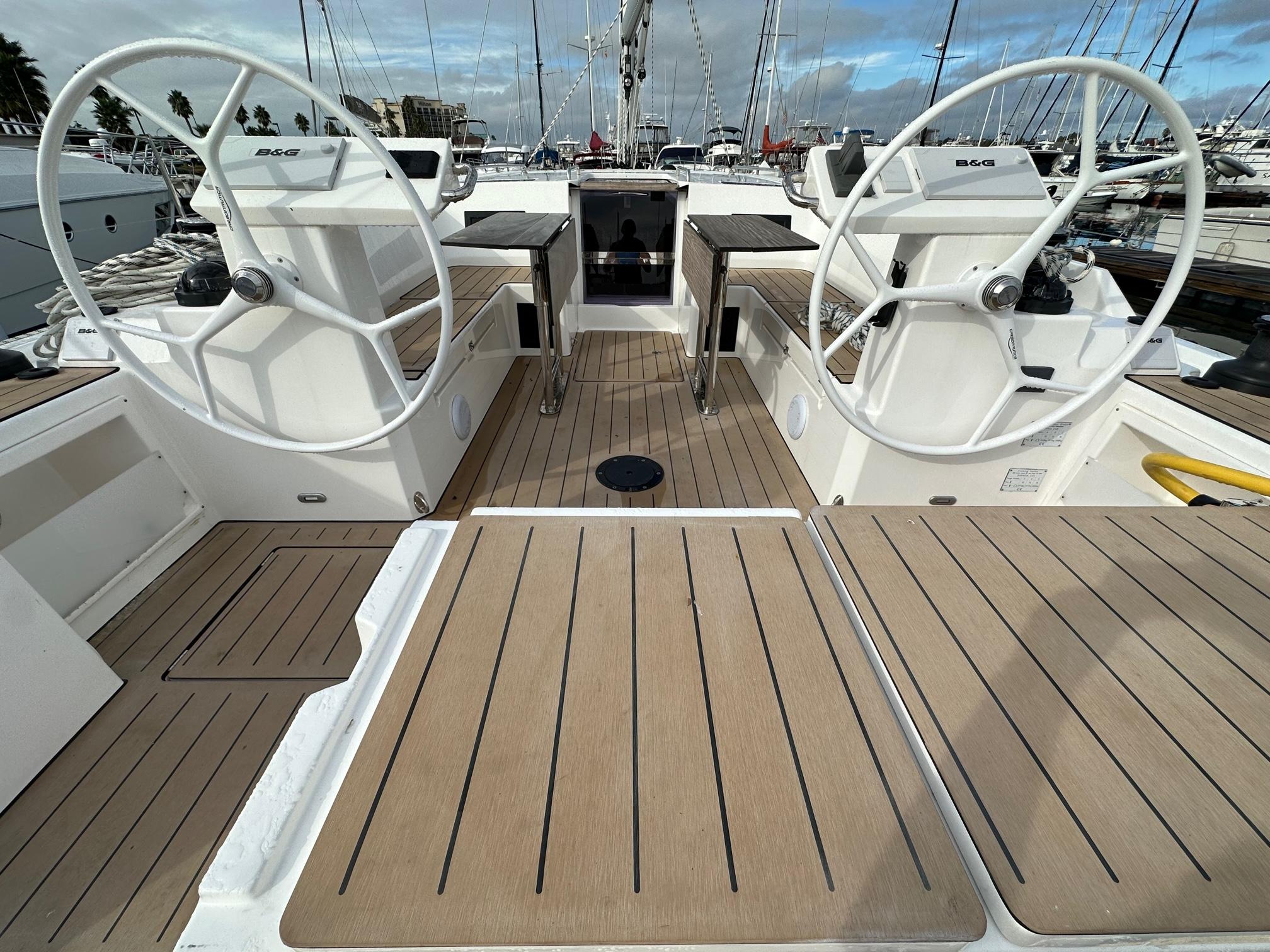 Bavaria-C45 2024-In stock and availabe now CA-US-2024 Bavaria C45 yacht cockpit with dual steering wheels and teak flooring.-9712200 | Thumbnail