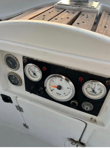 Control panel of a 1985 Gib'Sea 126 sailboat with gauges and dials.