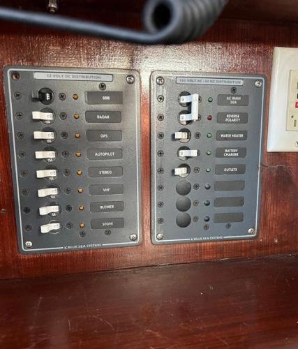 Control panel of a 1985 Gib'Sea 126 sailboat with labeled switches and indicators.
