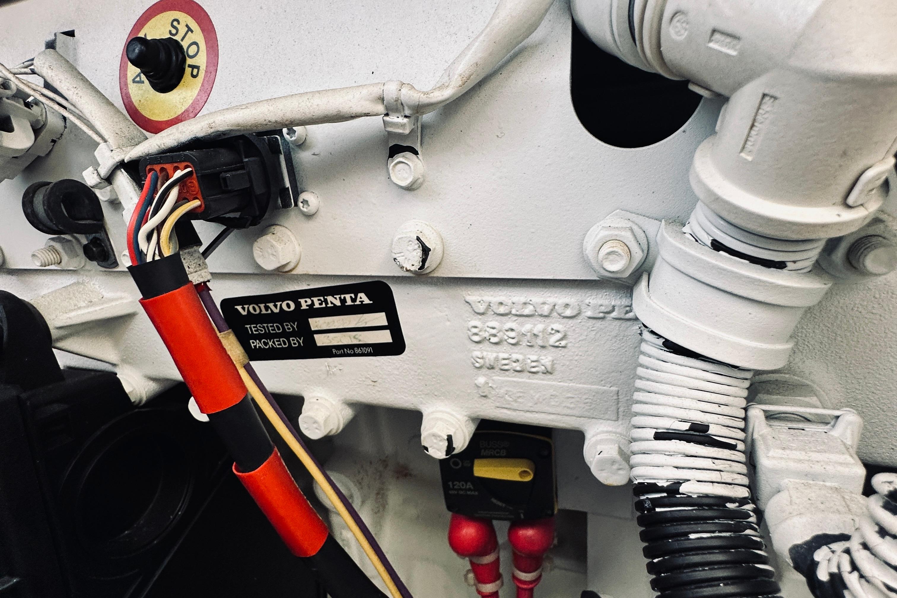 Engine components of a 2007 Sabreline 34 Express with Volvo Penta label.