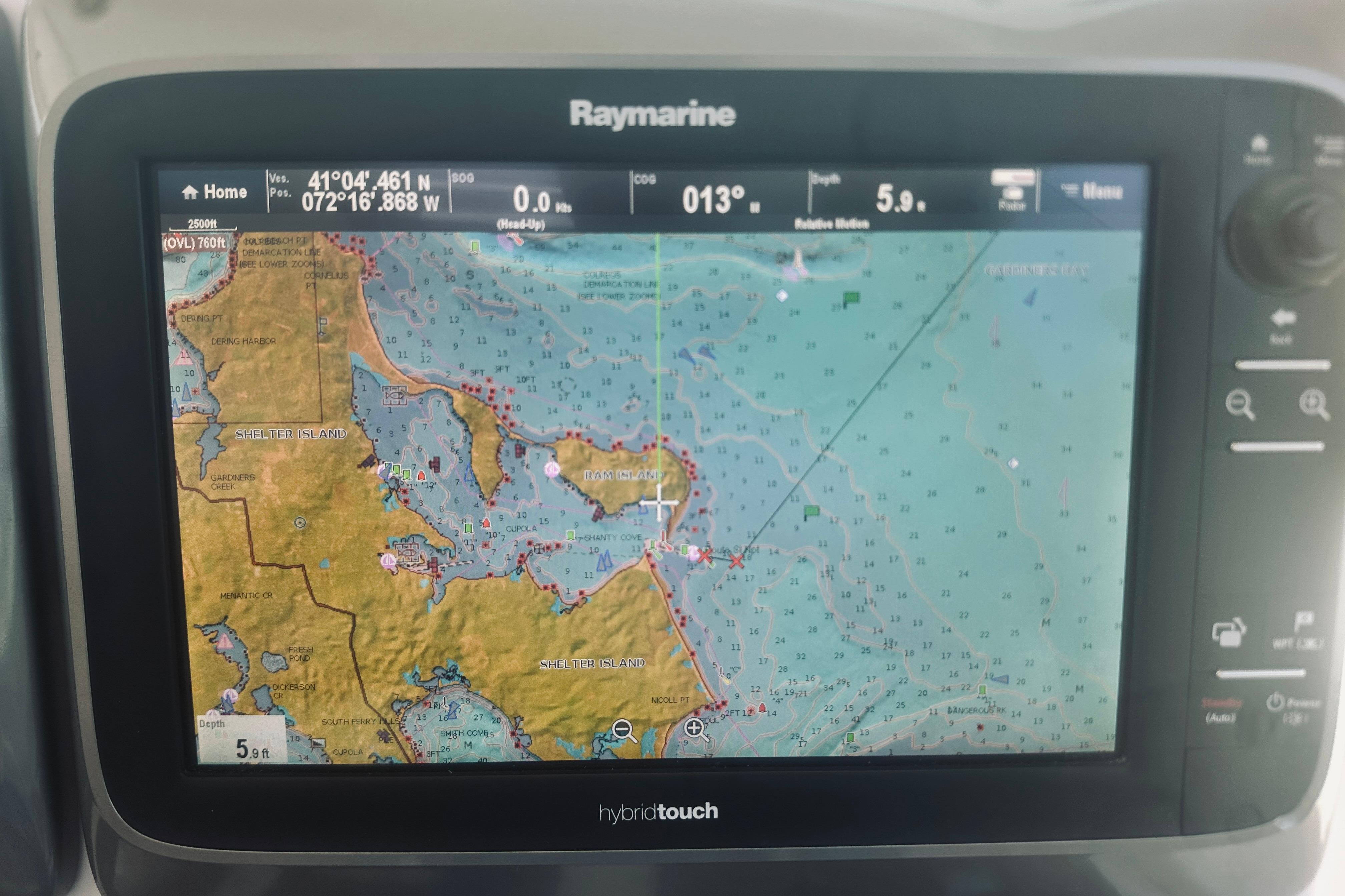 Raymarine navigation display on 2007 Sabreline 34 Express boat, showing nautical chart.