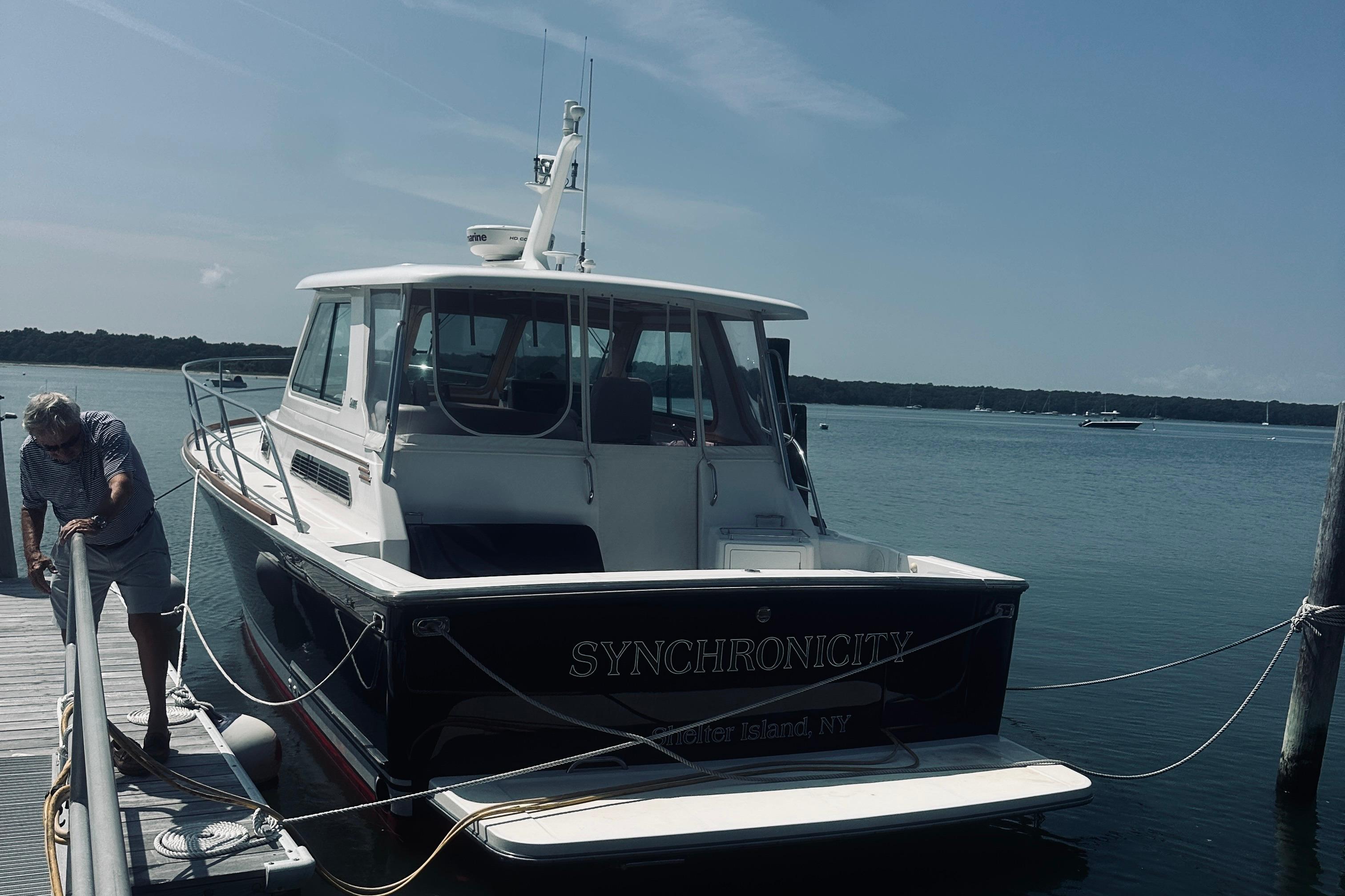 2007 Sabreline 34 Express boat docked, named u0022Synchronicity,u0022 Shelter Island, NY.
