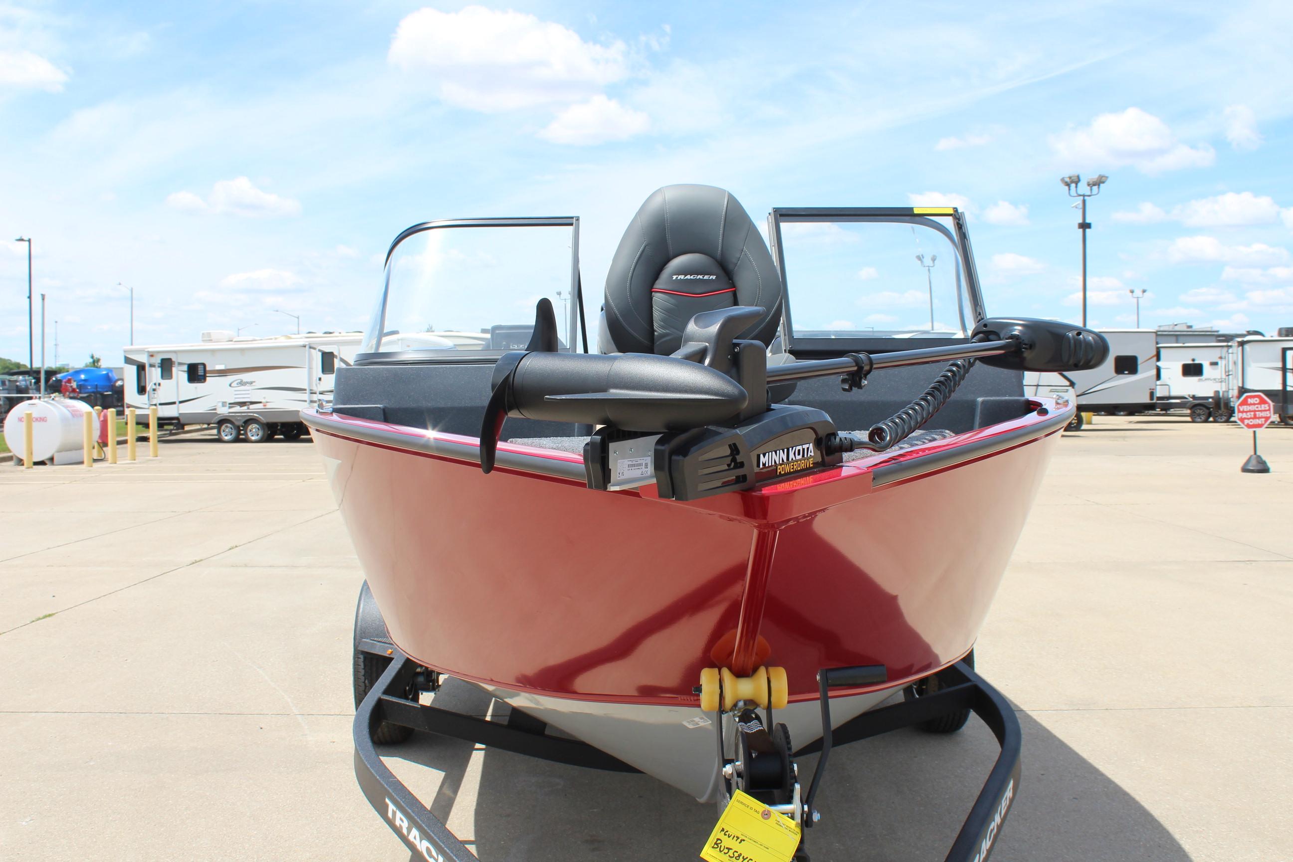 2025 Tracker Pro Guide V-175 Combo boat in a parking lot, front view.