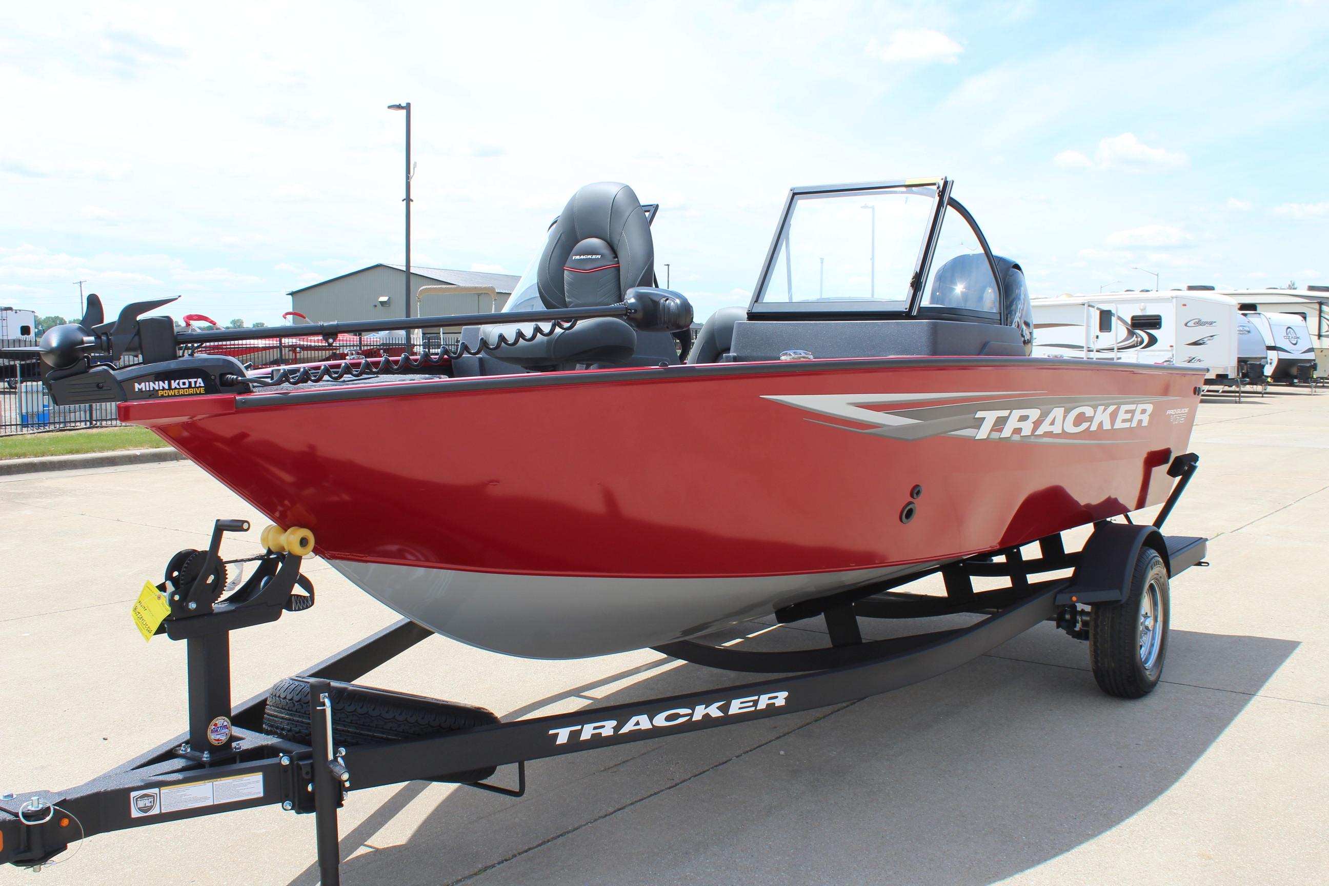 2025 Tracker Pro Guide V-175 Combo boat in red on trailer.