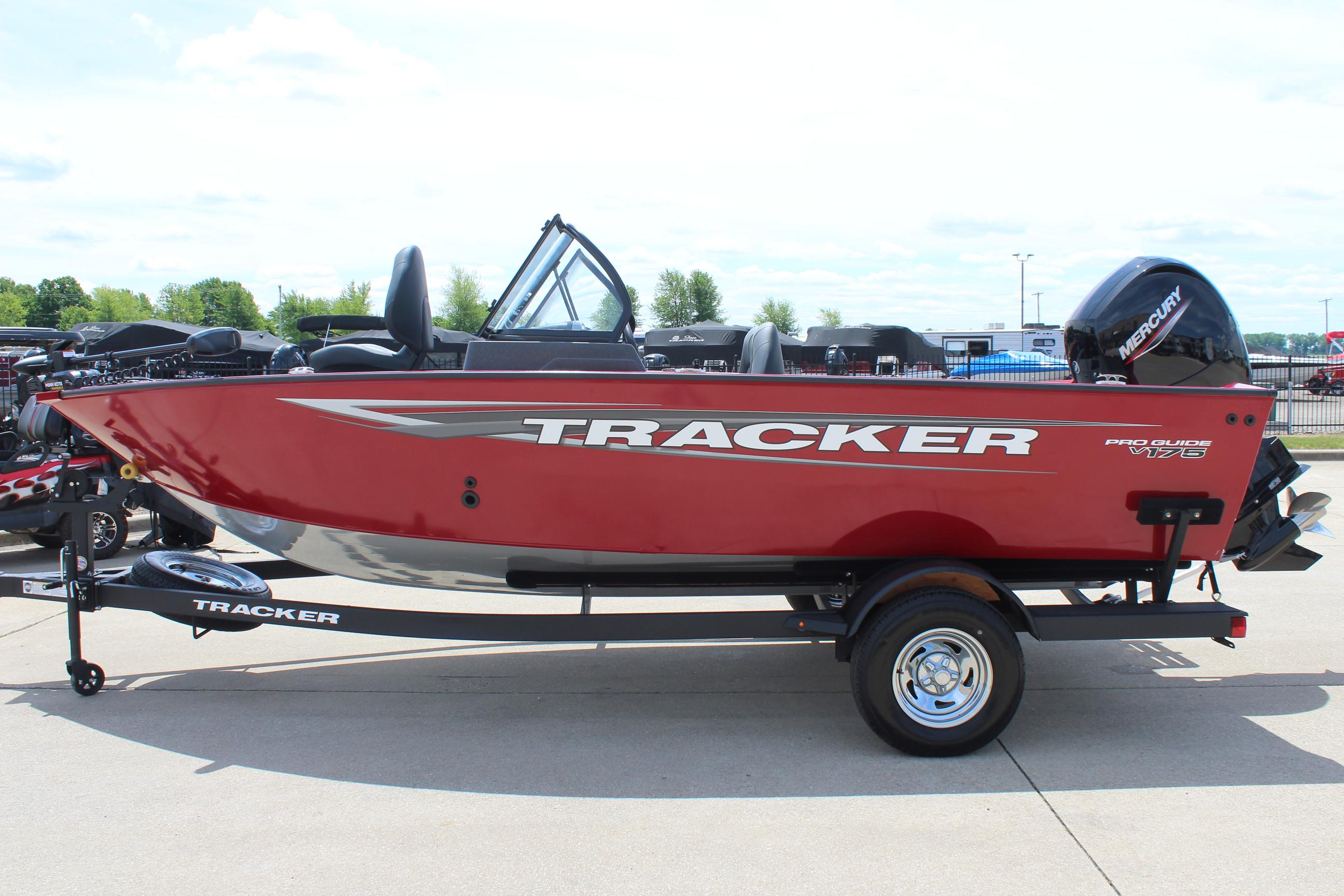 2025 Tracker Pro Guide V-175 Combo boat in red on trailer.