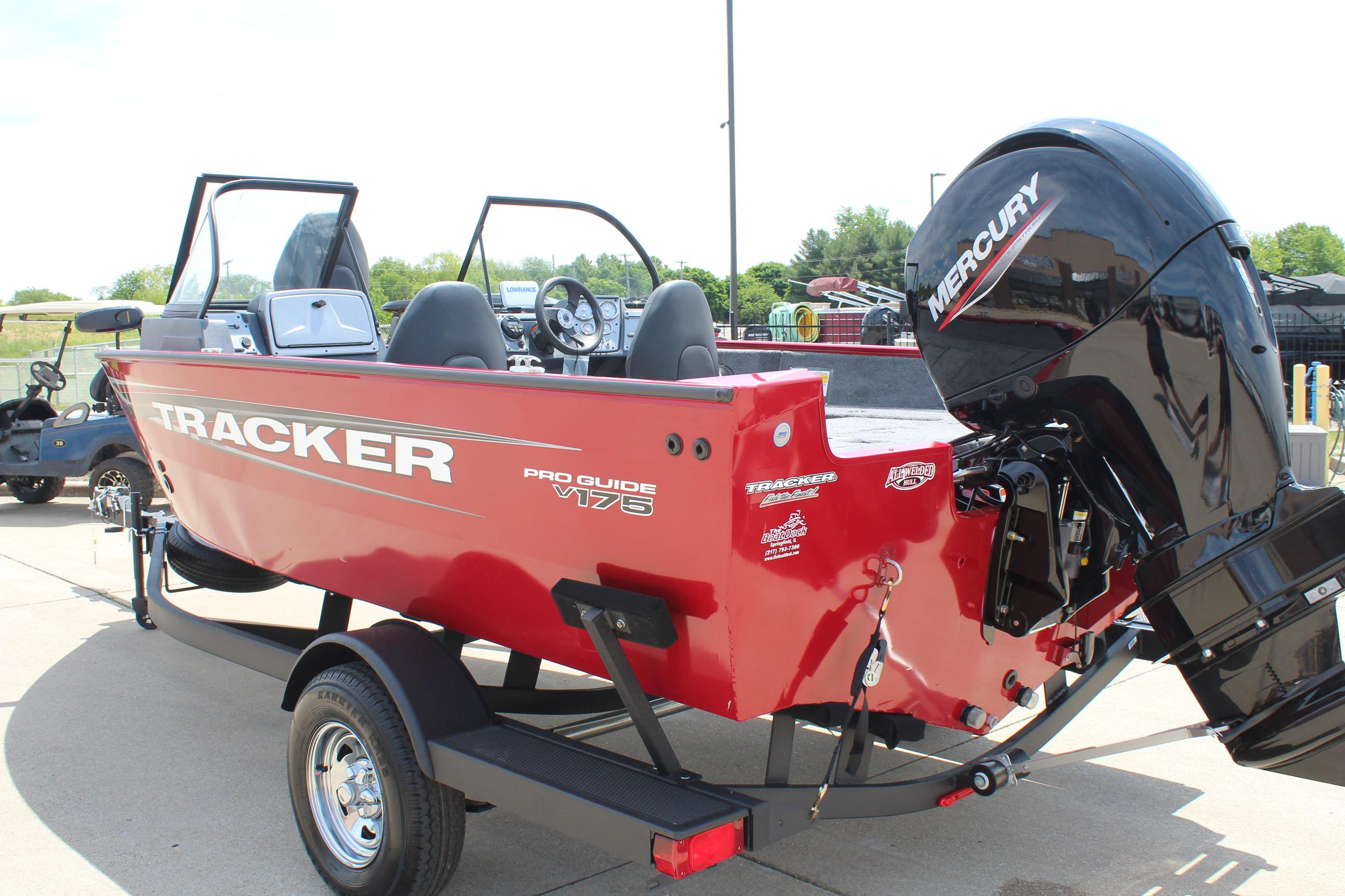 2025 Tracker Pro Guide V-175 Combo boat with Mercury engine, parked on a trailer.