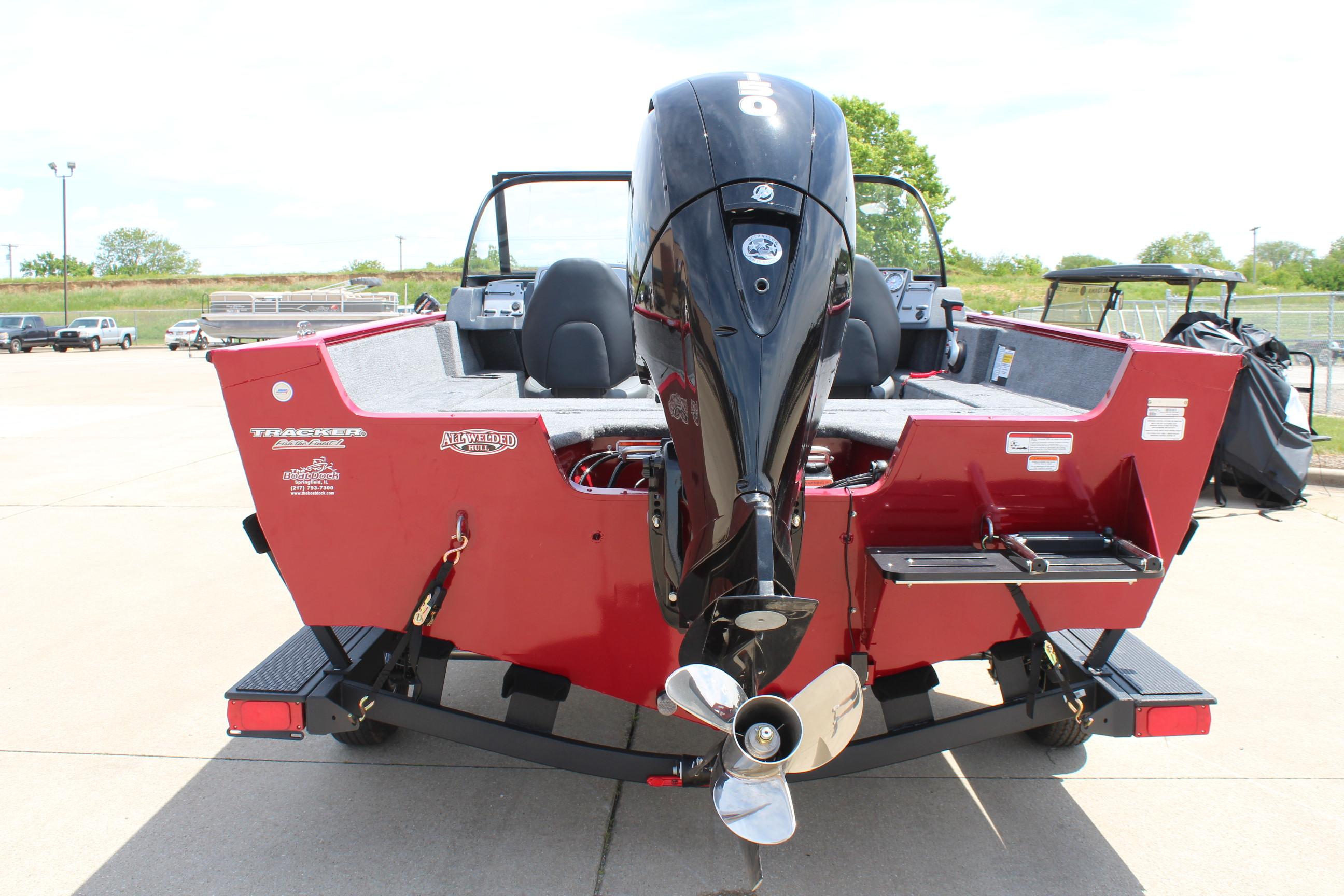 2025 Tracker Pro Guide V-175 Combo boat, rear view with outboard motor.