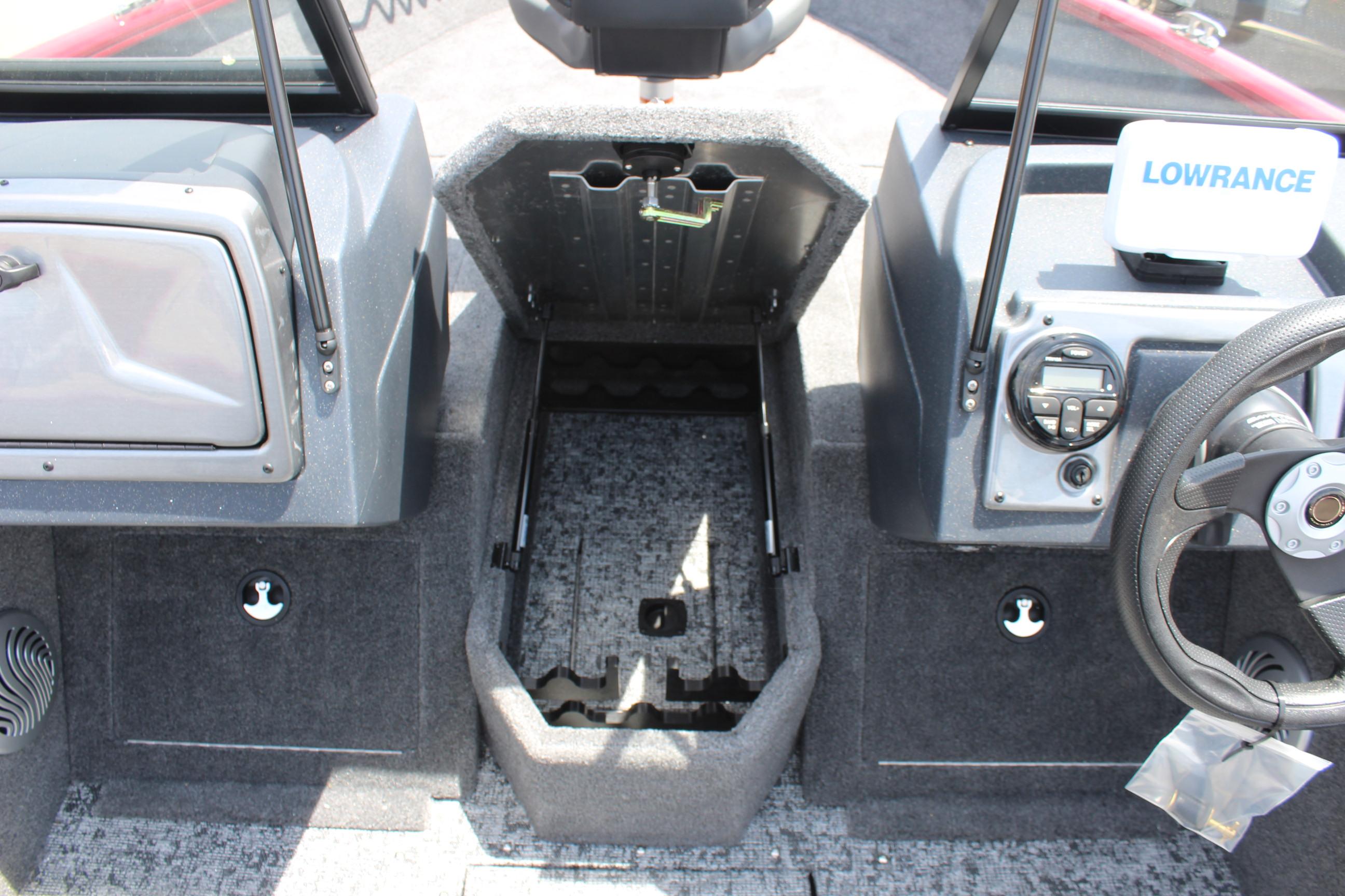 2025 Tracker Pro Guide V-175 Combo boat interior with storage compartment and Lowrance electronics.