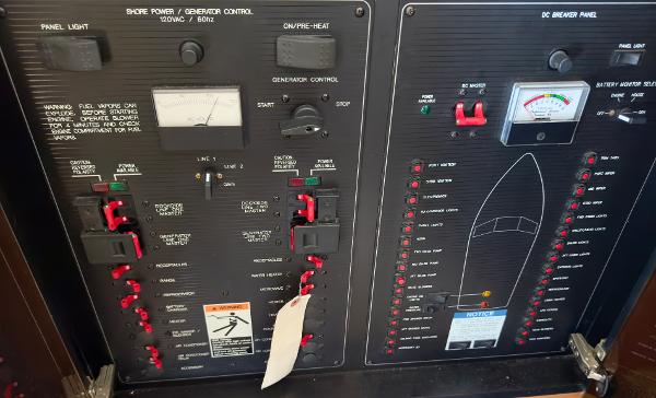 Electrical control panel of a 1998 Bayliner 3388 Command Bridge Motoryacht.