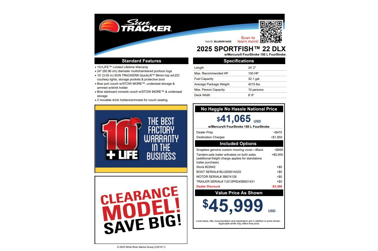 2025 Sun Tracker SportFish 22 DLX boat features, pricing, and warranty details.