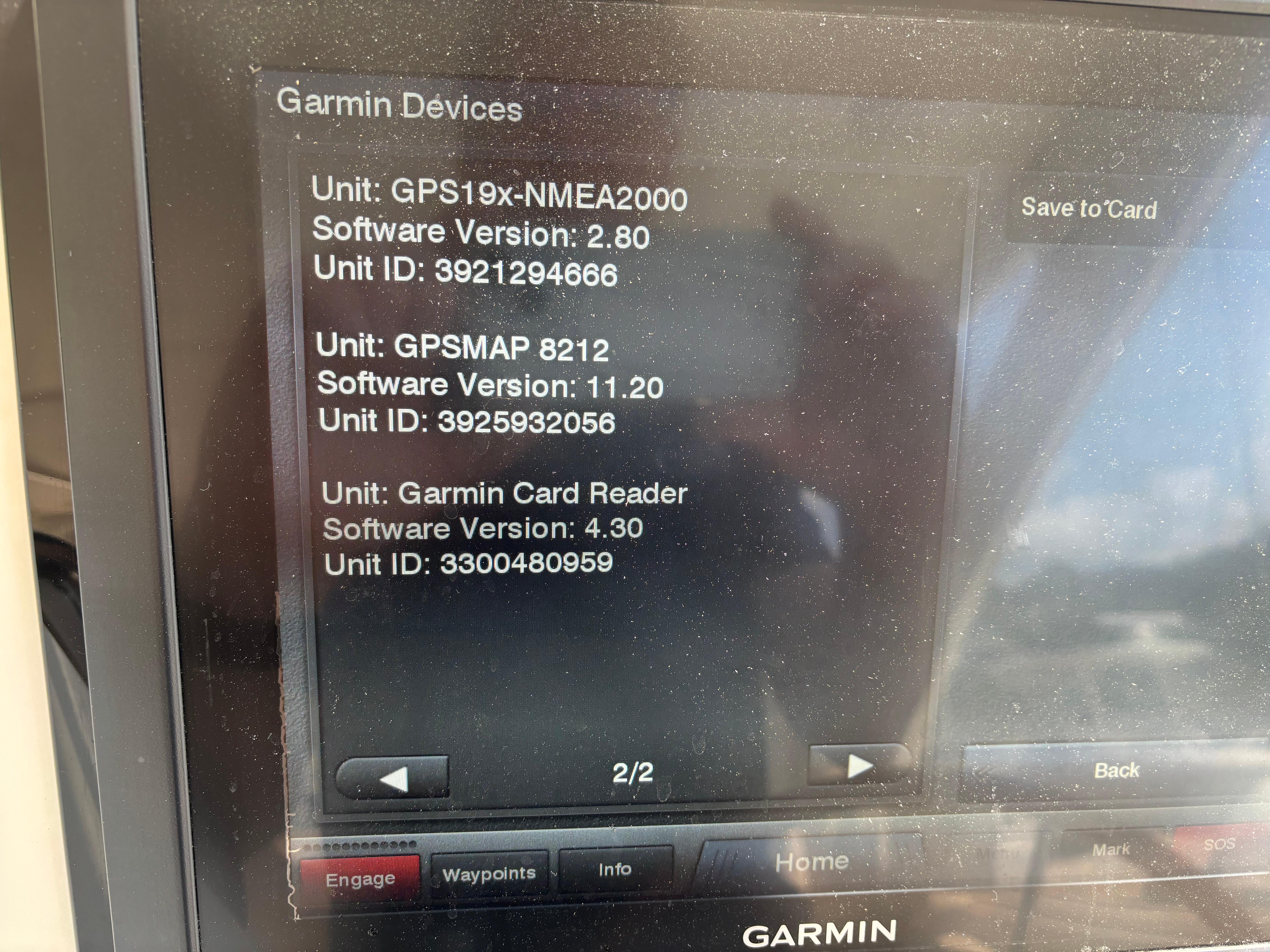 MJM-34z Express HT 2006-Zest MD-US-Garmin device screen displaying software versions and unit IDs for GPS and card reader.-9817750 | Thumbnail