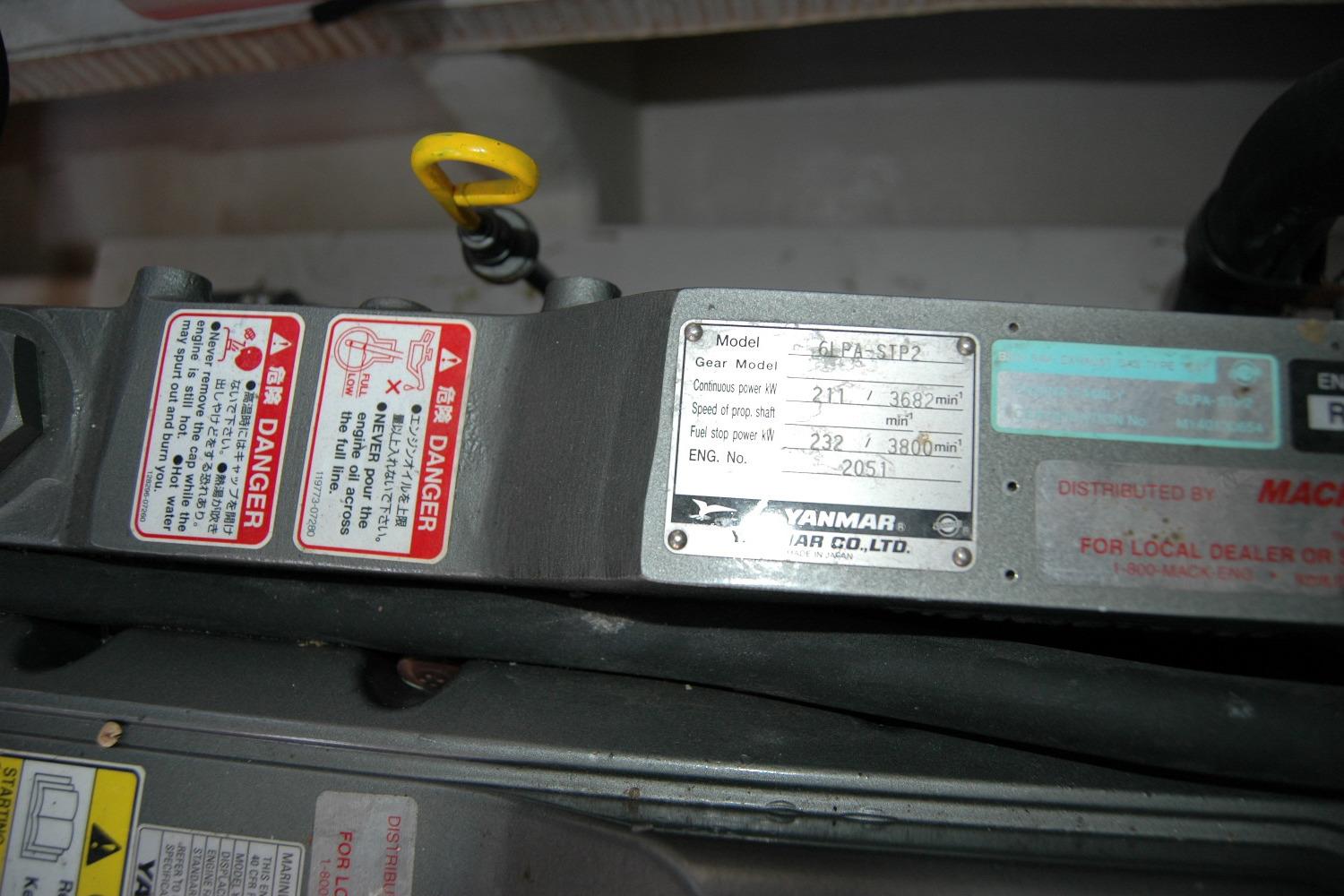 Engine compartment of a 2013 Composite Yacht 26 with Yanmar model specifications.