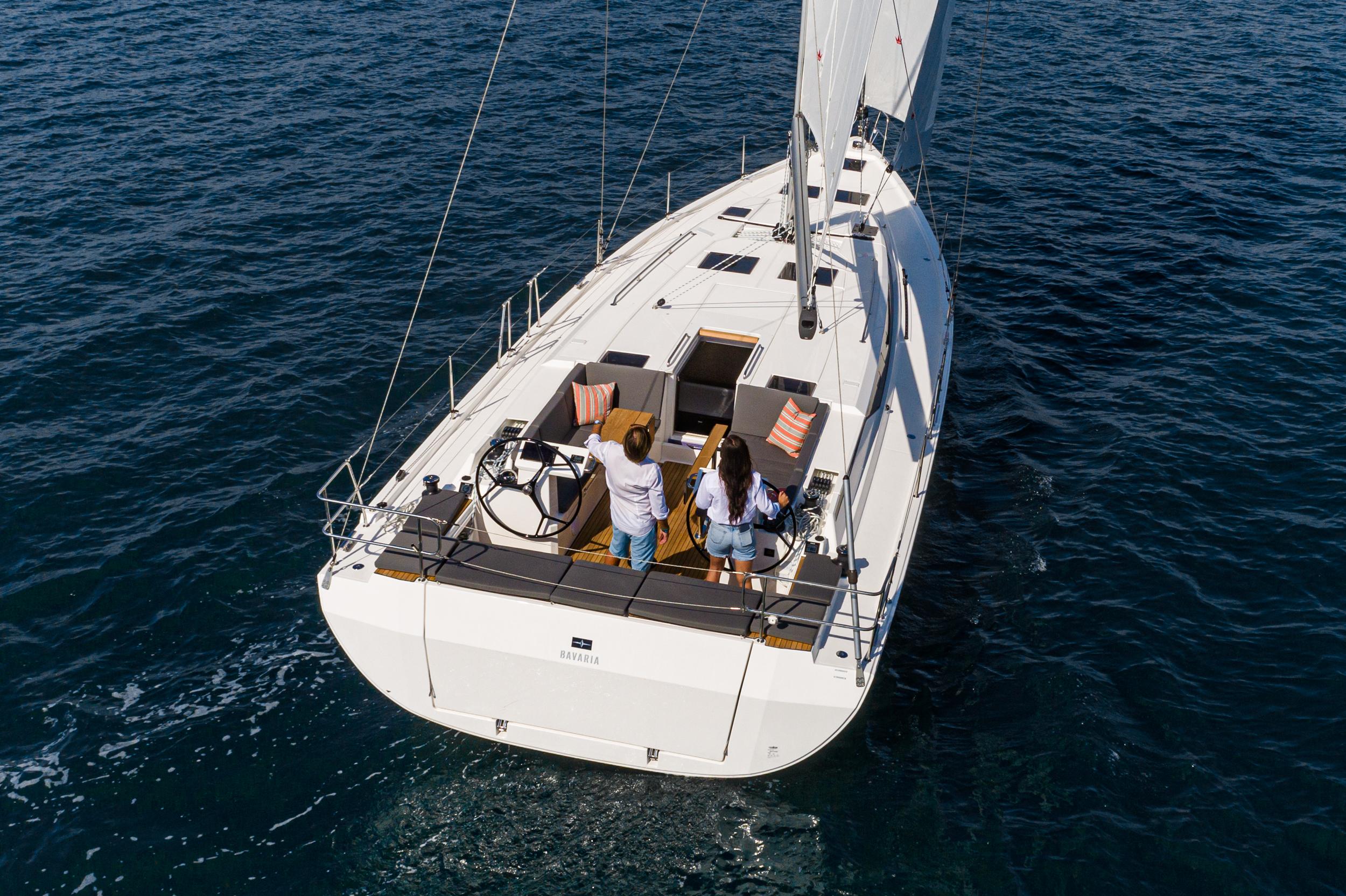 Bavaria-C45 2024-In stock and availabe now CA-US-2024 Bavaria C45 yacht sailing on open water, viewed from above.-9712200 | Thumbnail