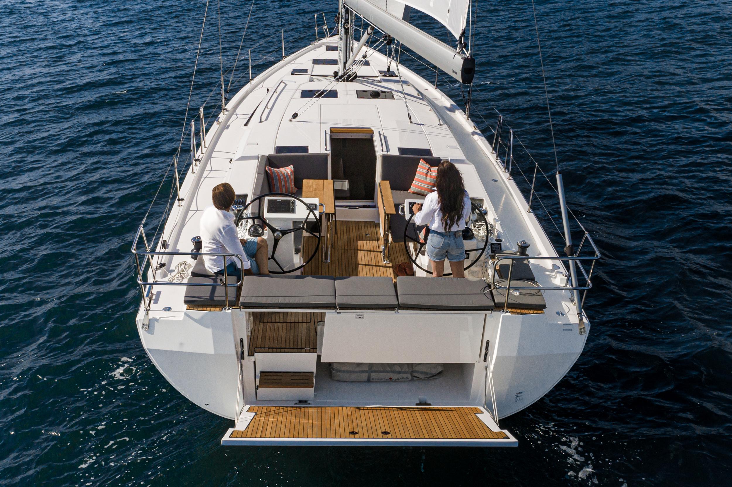 Bavaria-C45 2024-In stock and availabe now CA-US-2024 Bavaria C45 sailboat on open water, featuring spacious deck and dual steering wheels.-9712200 | Thumbnail