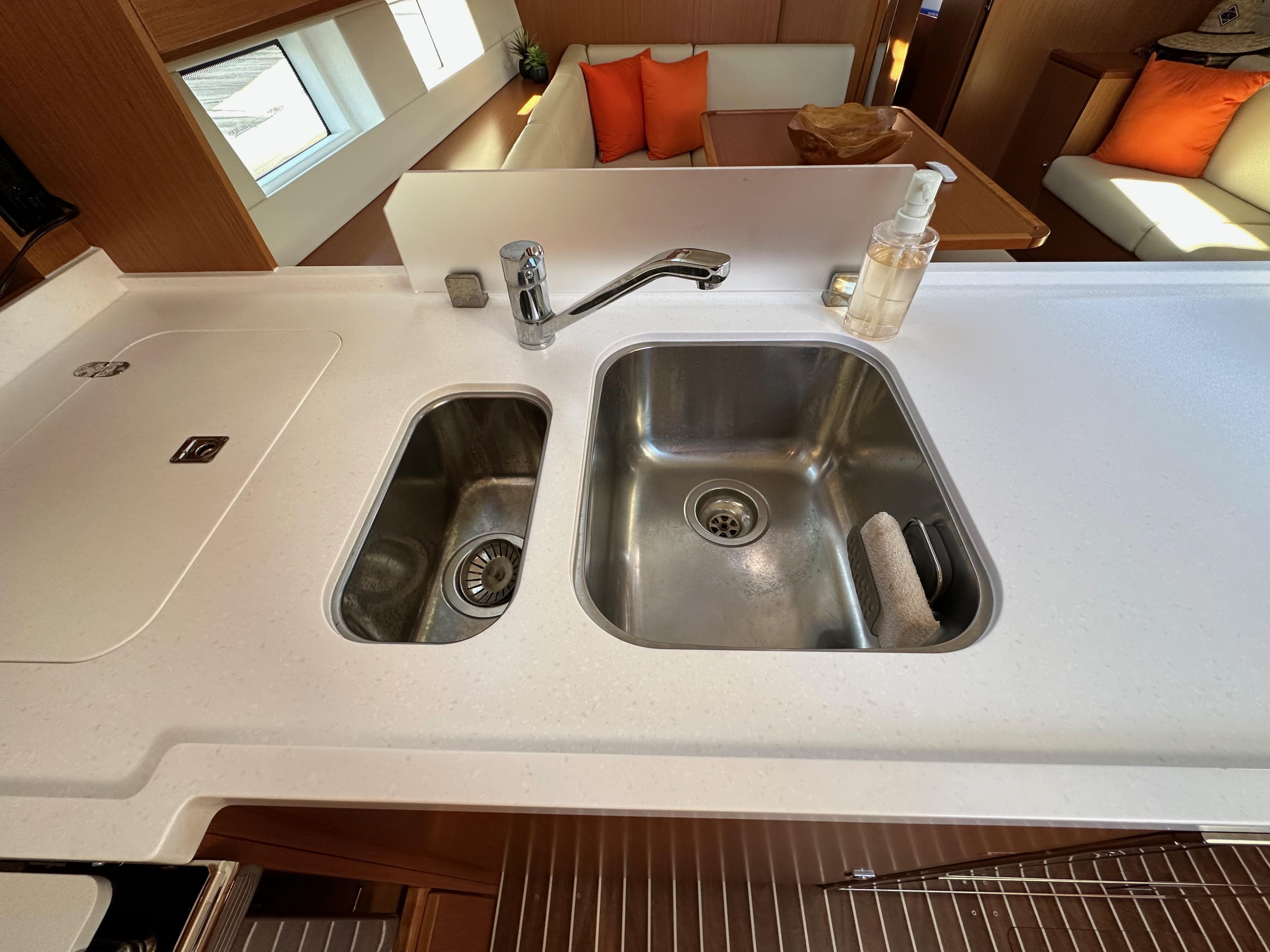 Bavaria-C45 2024-In stock and availabe now CA-US-Modern kitchen sink in 2024 Bavaria C45 yacht, featuring dual basins and sleek design.-9712200 | Thumbnail