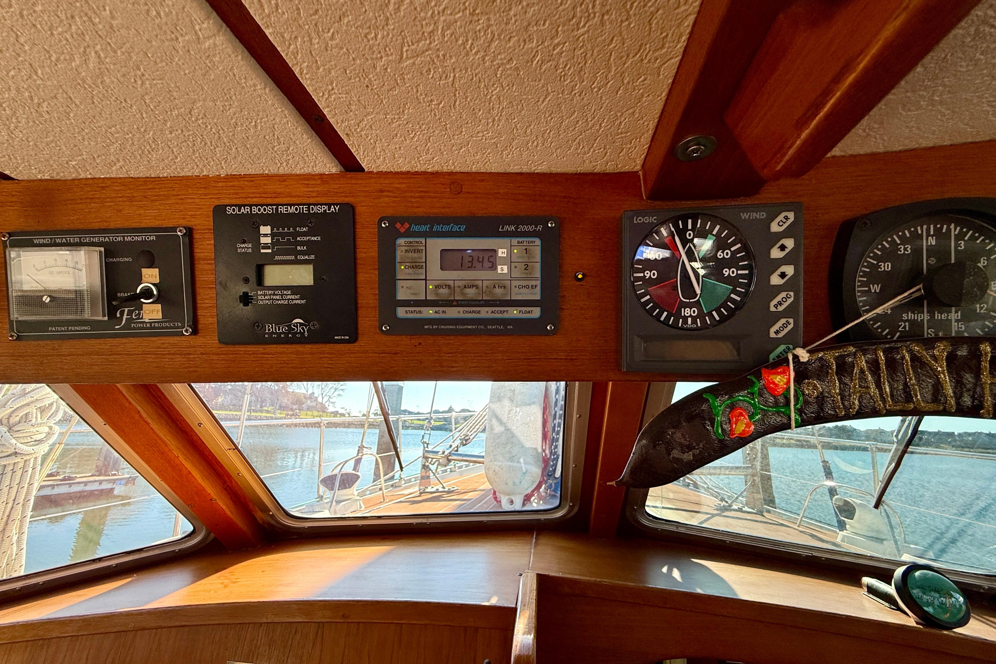 Control panel of a 1986 Nauticat 43 sailboat with navigation instruments.