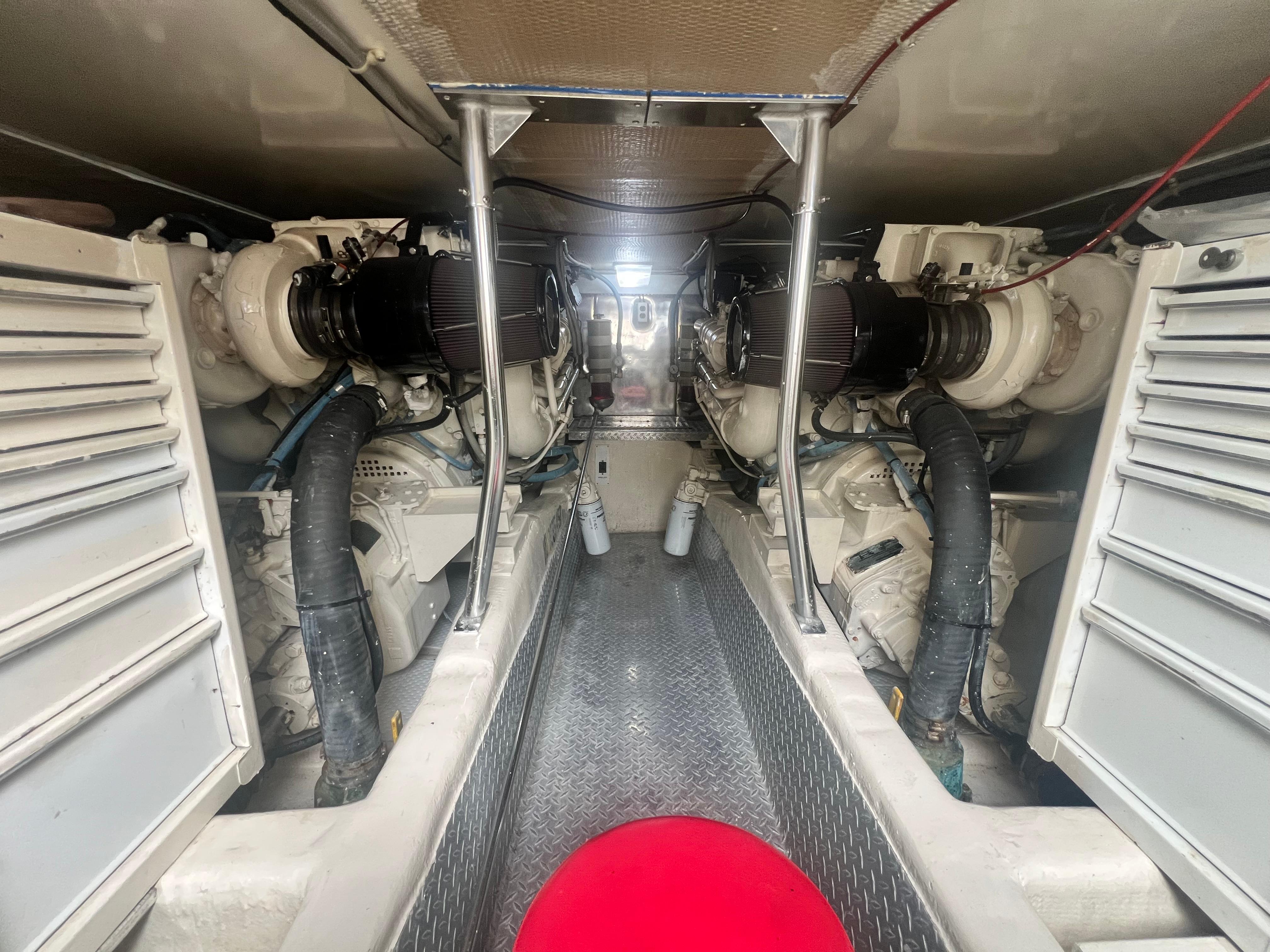 Ocean Yachts-48 Super Sport 1996-Fender Bender FL-US-Engine room of 1996 Ocean Yachts 48 Super Sport, featuring dual engines and mechanical components.-9657986 | Thumbnail