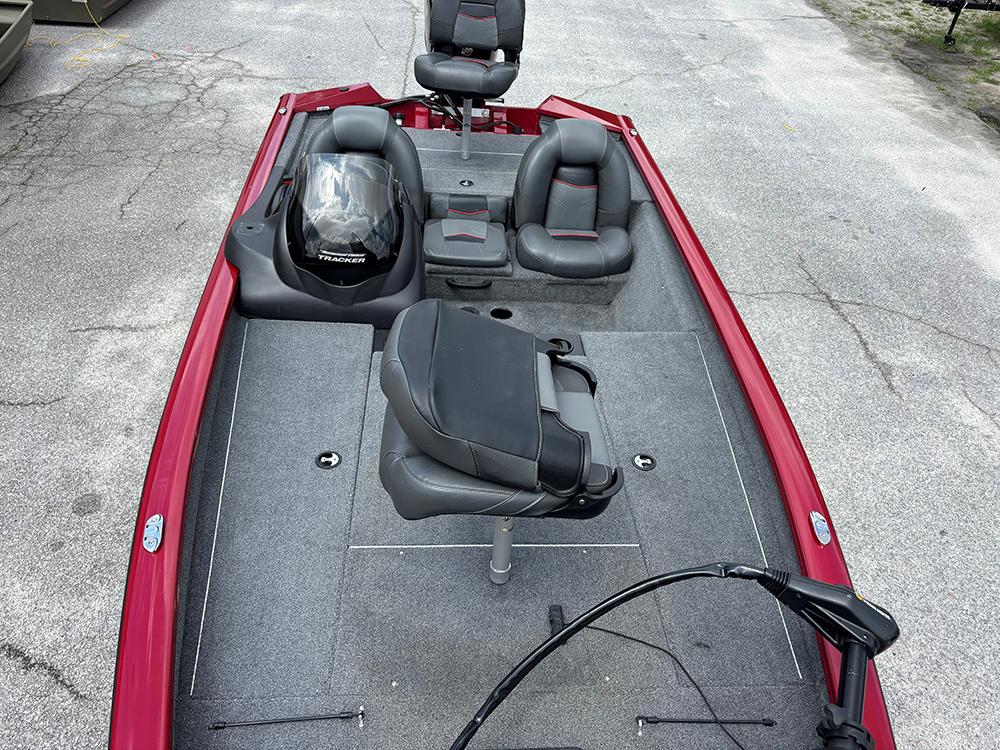 2024 Tracker Pro Team 190 TX fishing boat with red exterior and seating arrangement.