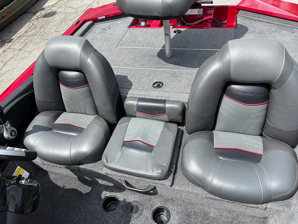 2024 Tracker Pro Team 190 TX boat interior with gray and red seating.