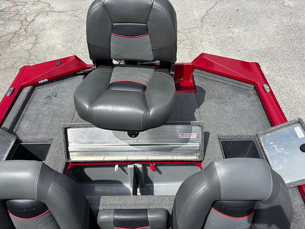 2024 Tracker Pro Team 190 TX boat interior with gray and red seating.