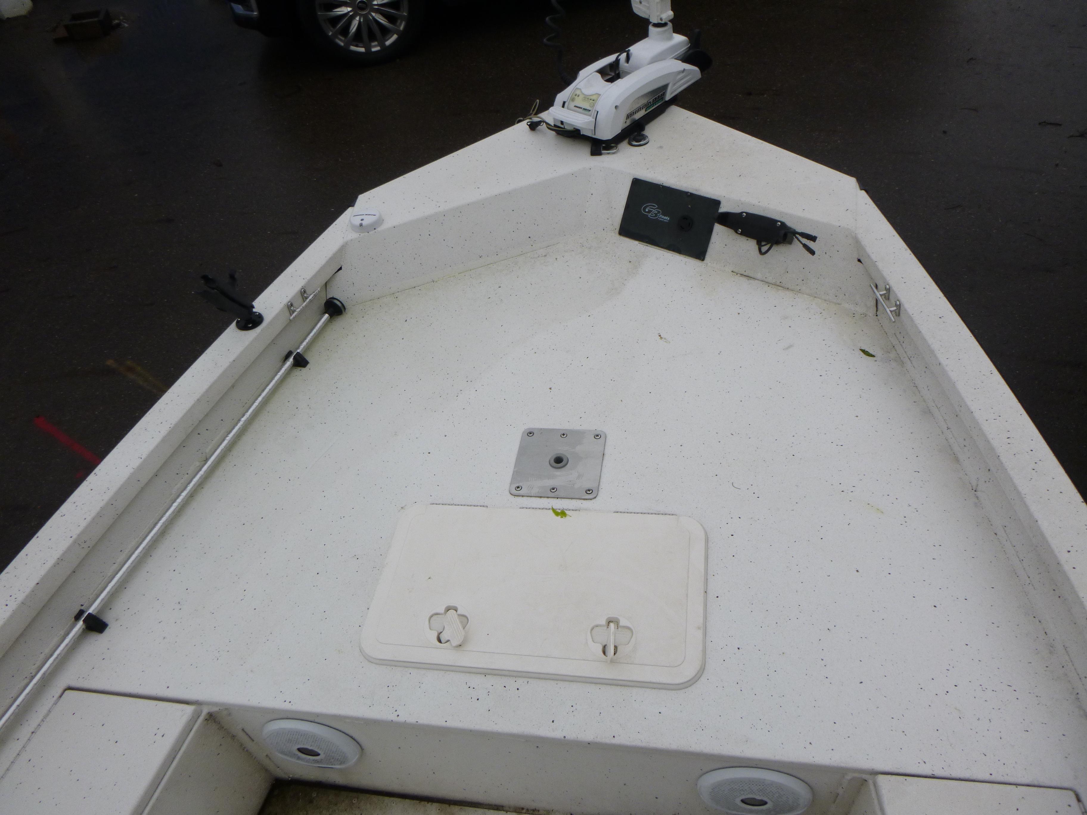 2017 G3 Bay 18 DLX boat deck with storage compartments and mounted equipment.