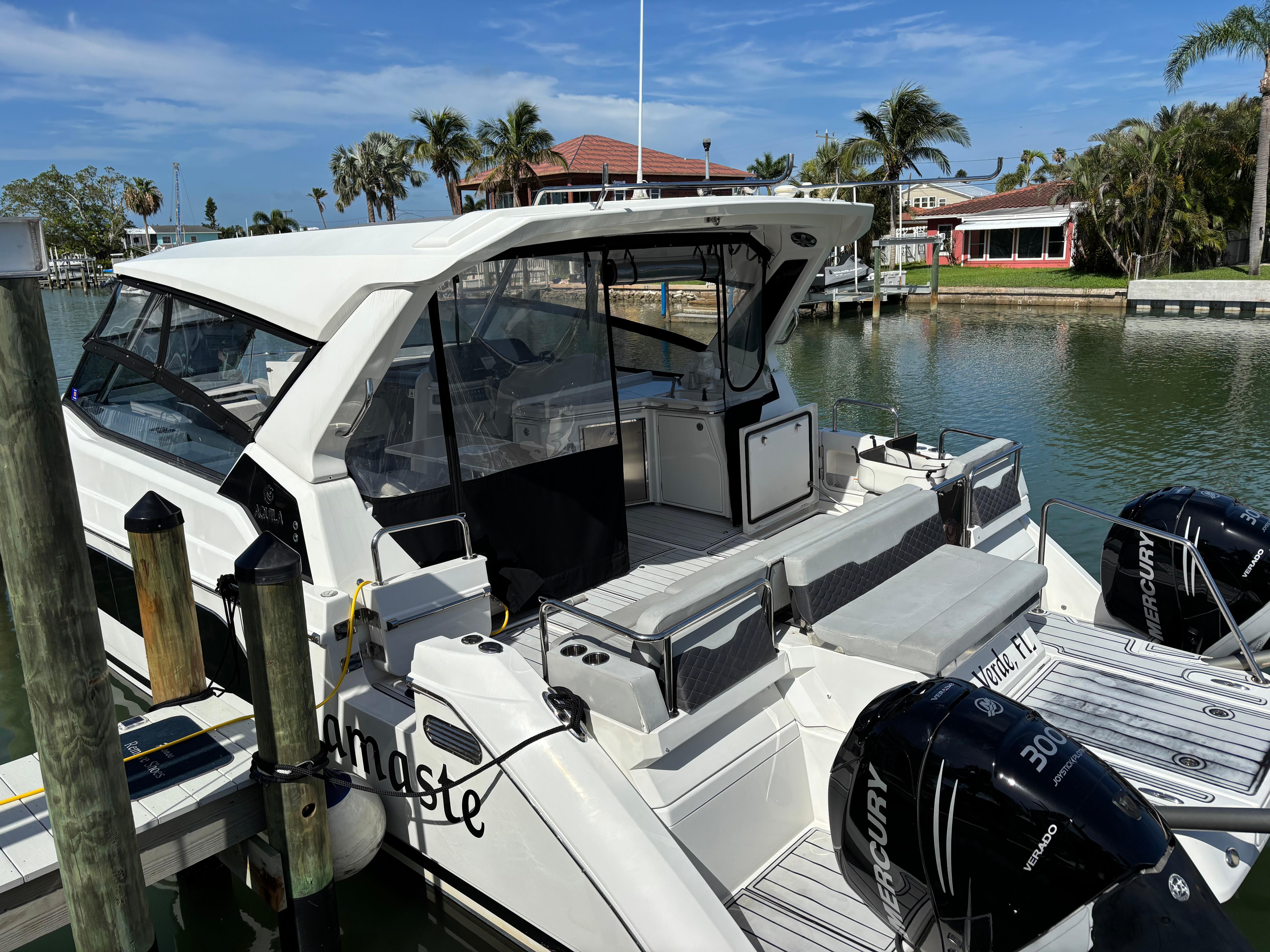 Aquila-36 Sport 2018-Namaste FL-US-Aquila 36 Sport 2018 yacht docked, featuring twin Mercury engines and sleek design.-9848040 | Thumbnail
