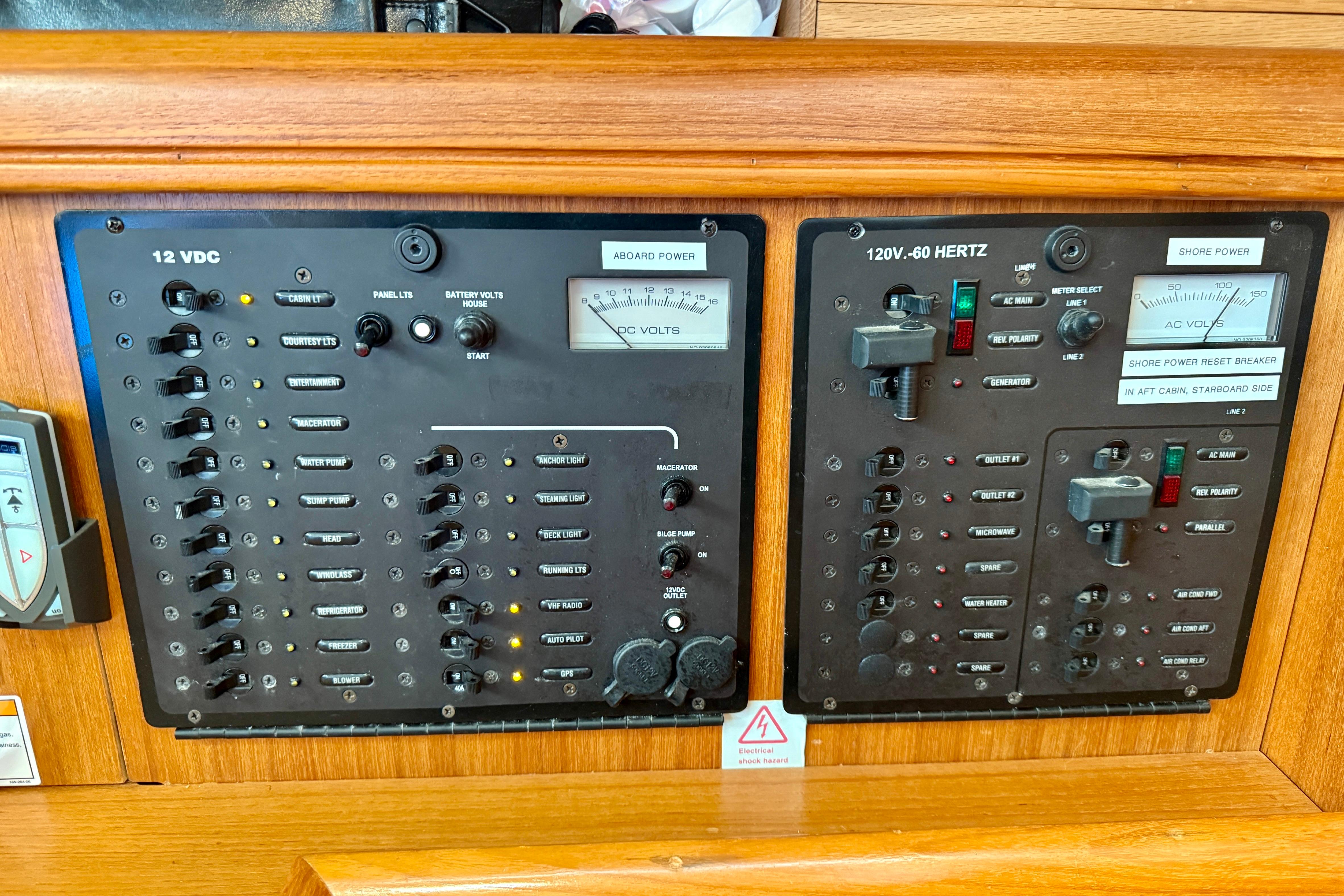 Electrical control panel on a 2007 Hunter 44 Deck Salon yacht.