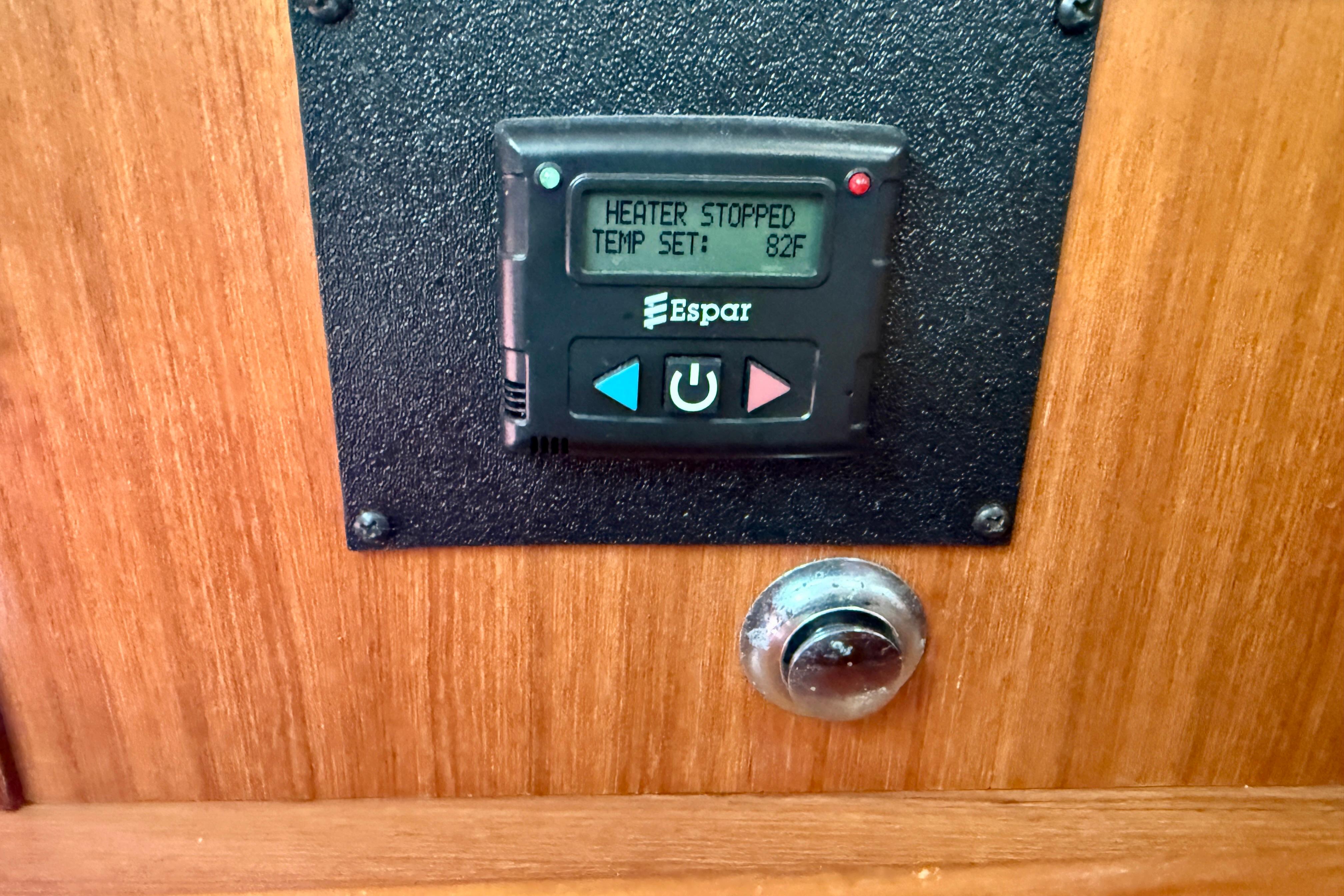 Espar heater control panel on 2007 Hunter 44 Deck Salon, temperature set at 82°F.