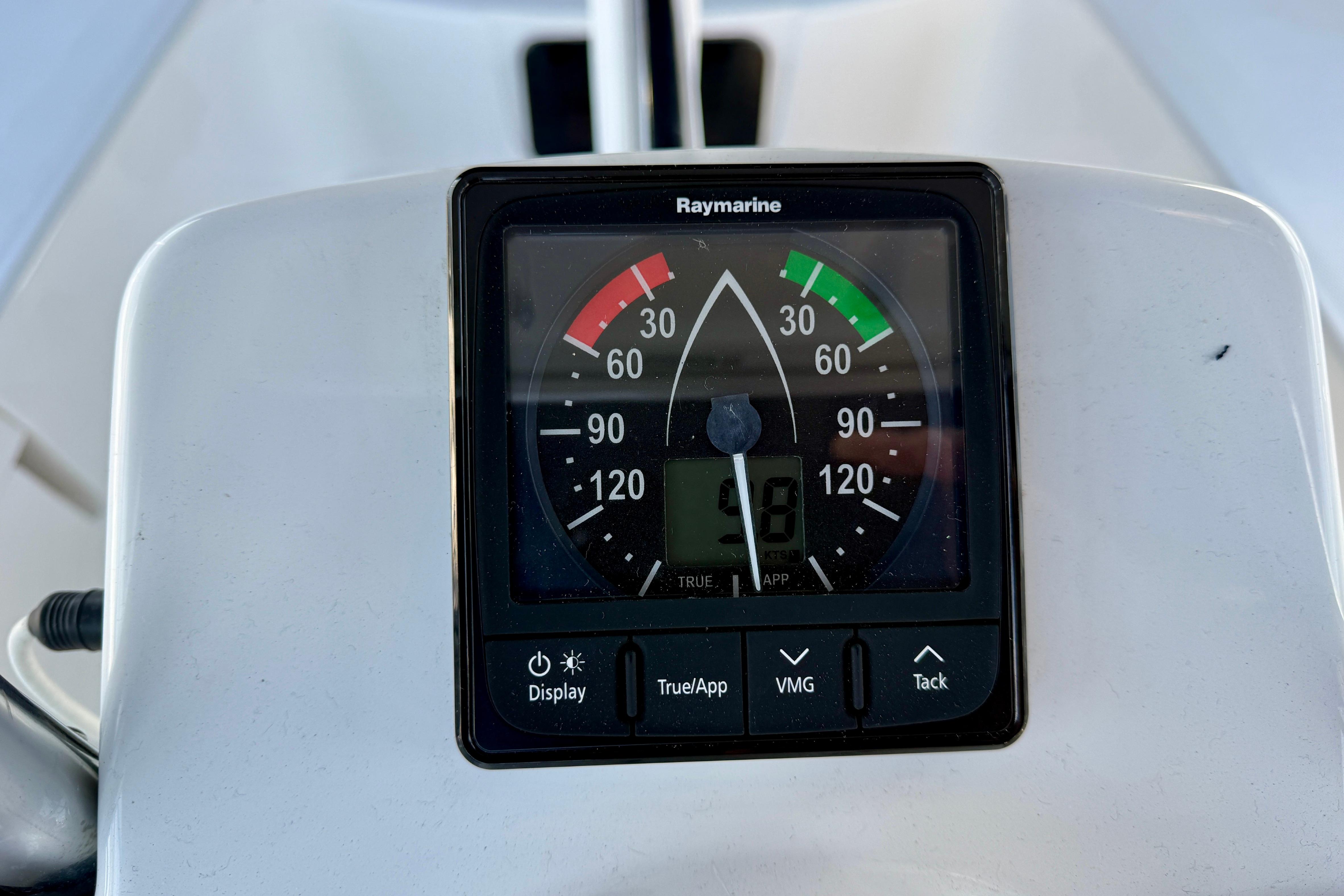 Raymarine display on 2007 Hunter 44 Deck Salon sailboat, showing wind angle and speed.
