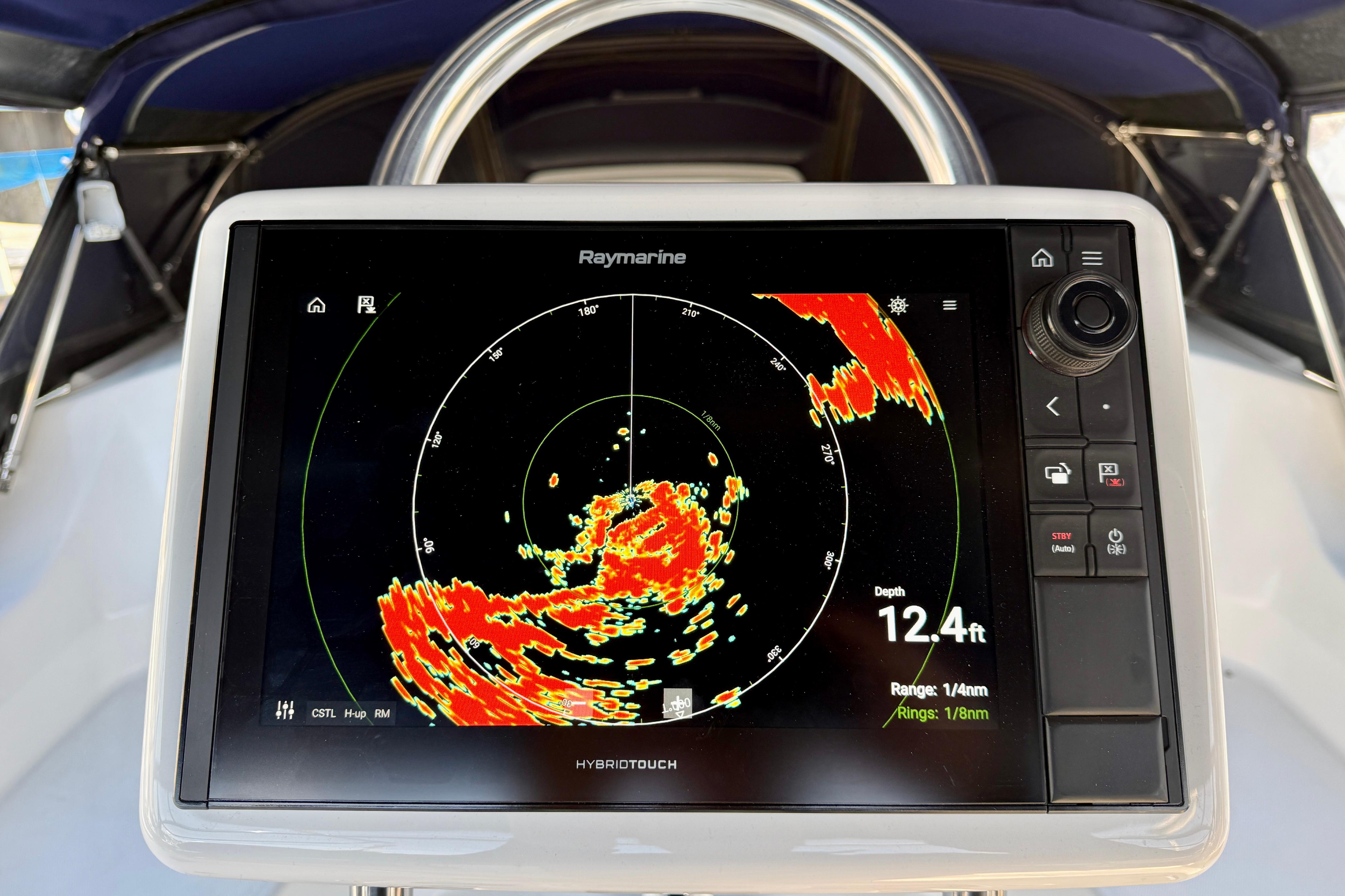 Raymarine navigation display on 2007 Hunter 44 Deck Salon, showing radar data and depth.