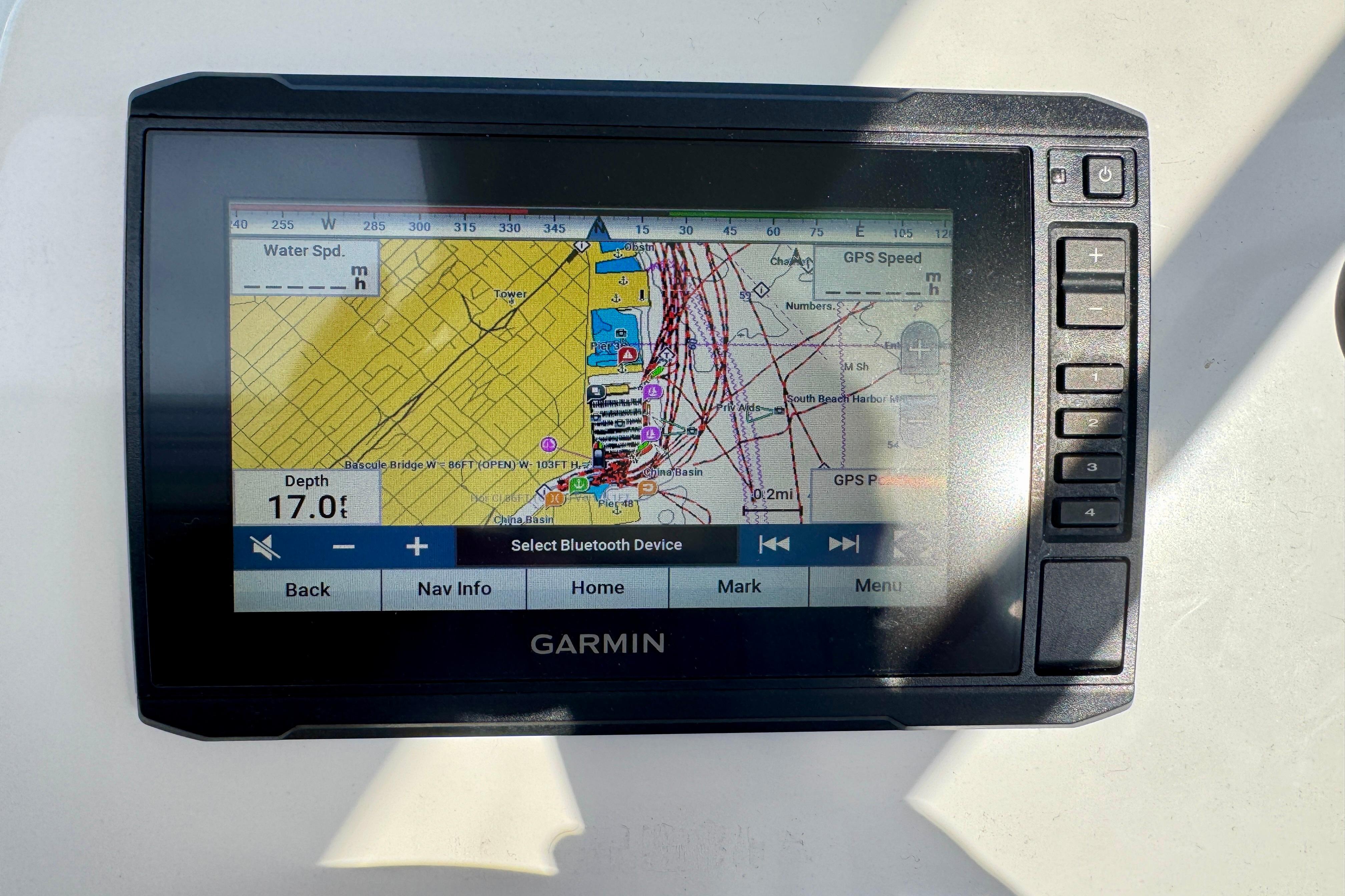 Garmin GPS display on 2022 Beneteau Antares 7, showing nautical map and navigation data.