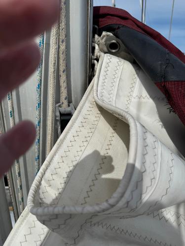 Close-up of sail rigging on a 1984 Endeavour 38 yacht.