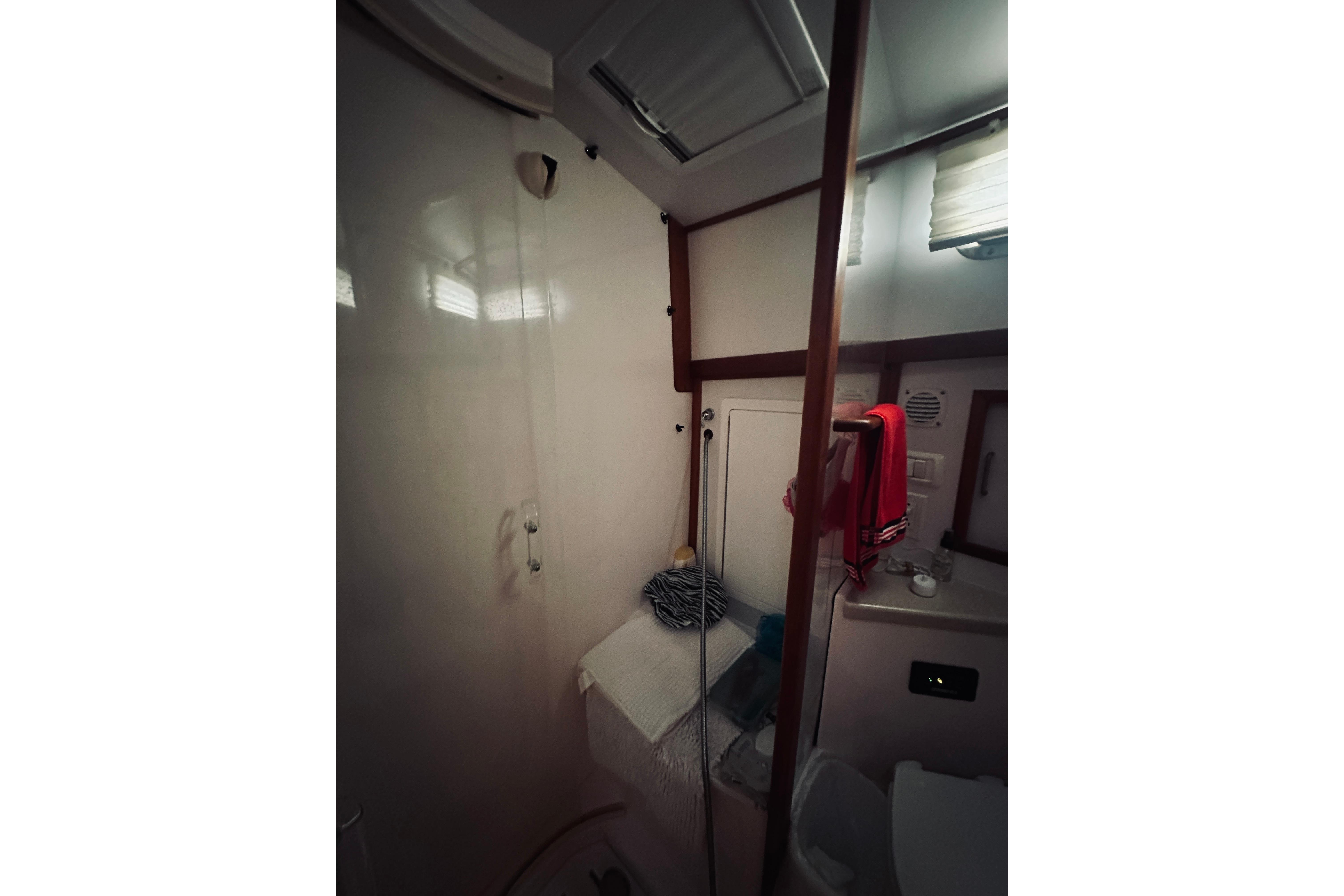 2008 Sabre 38 Hard Top Express bathroom interior with shower and sink.