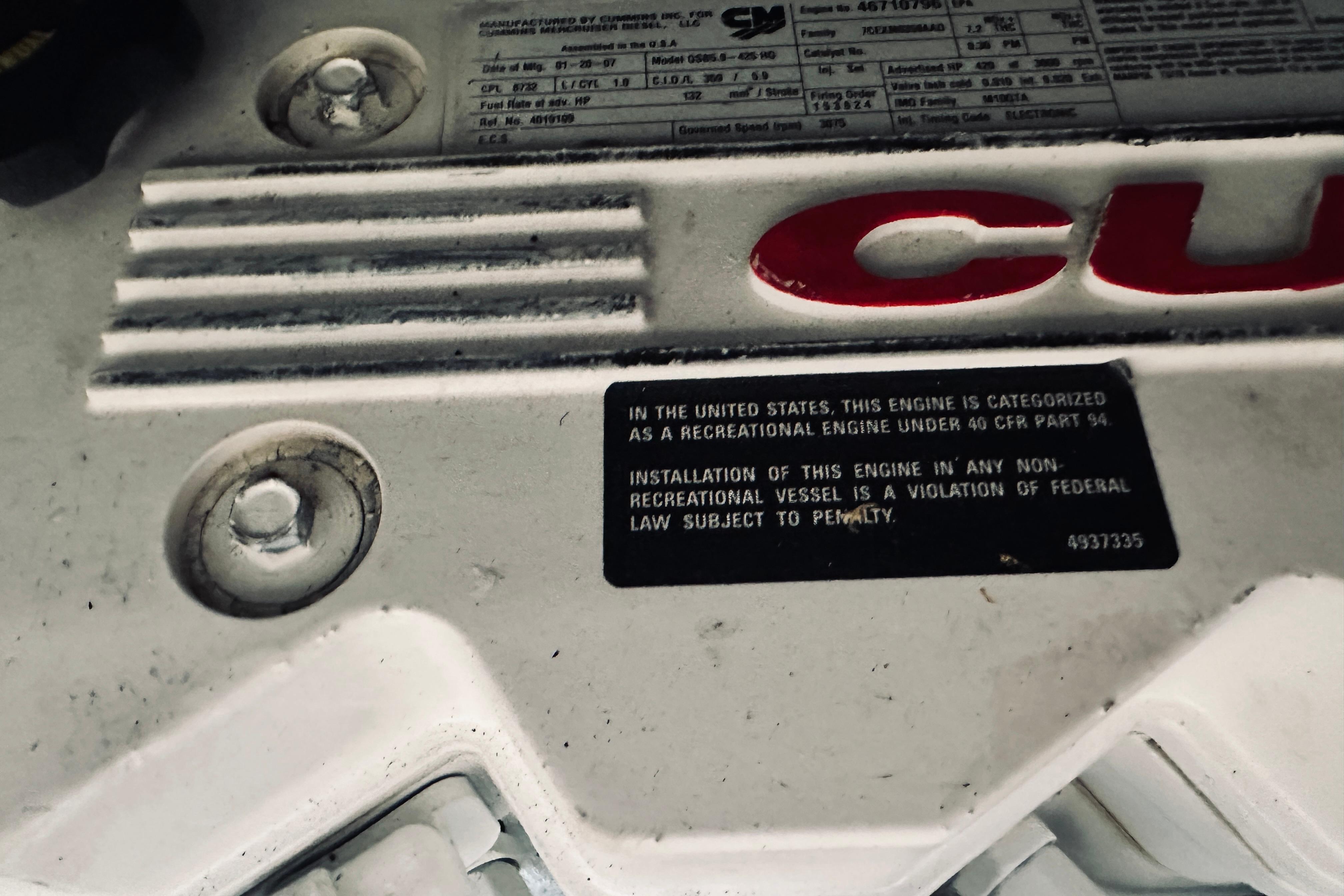 Engine label on 2008 Sabre 38 Hard Top Express, highlighting recreational use compliance.