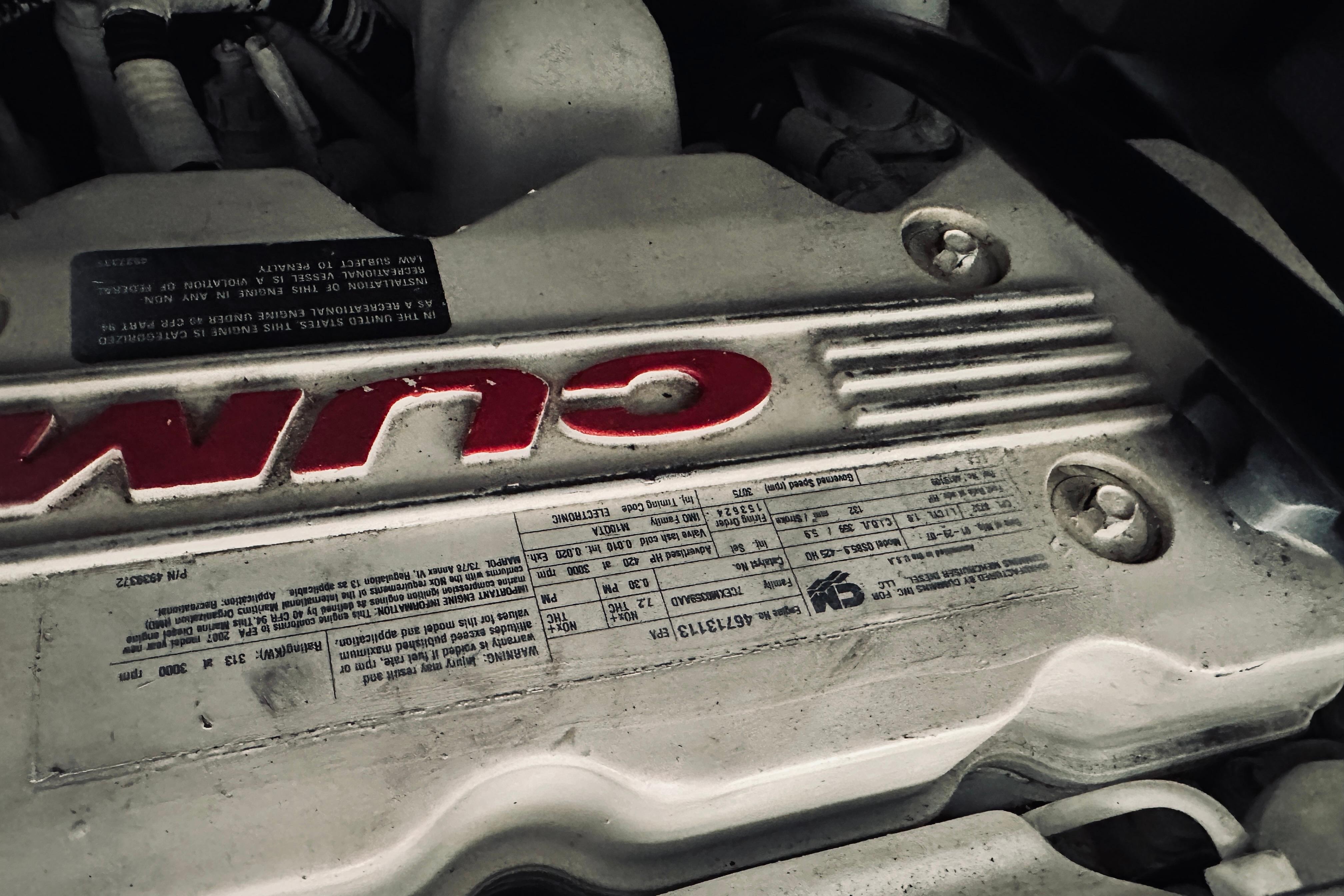 Engine detail of a 2008 Sabre 38 Hard Top Express boat.