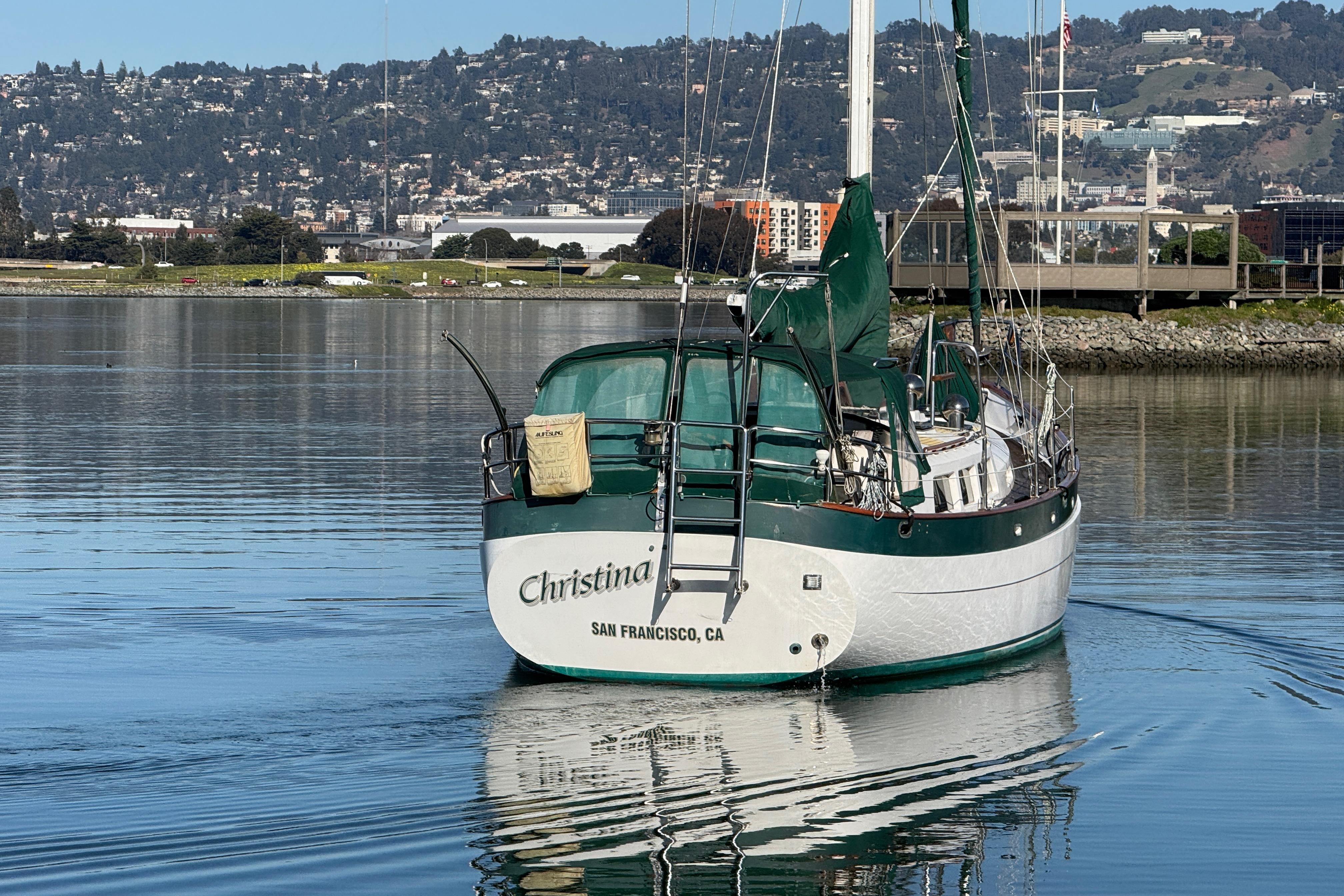 Sailboat "Christina" by Hans Christian, 1988, docked in San Francisco Bay.