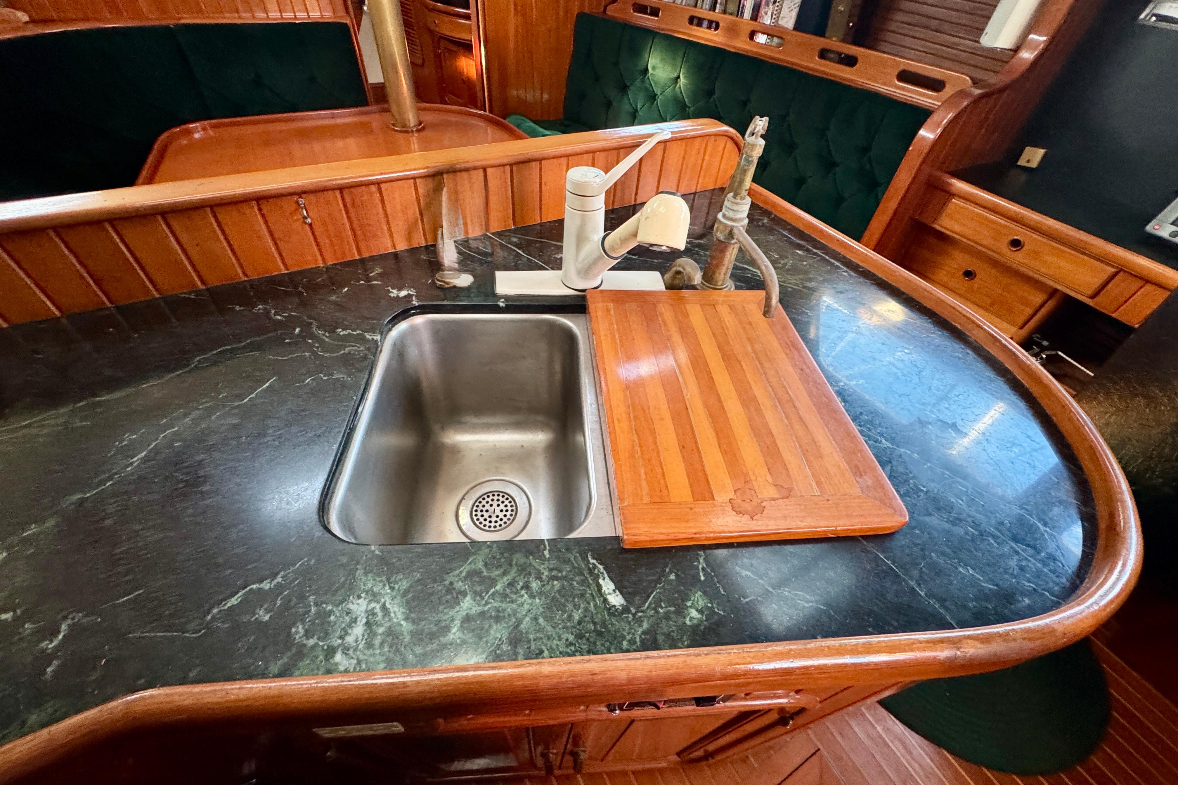 Galley sink and countertop in 1988 Hans Christian Christina yacht interior.