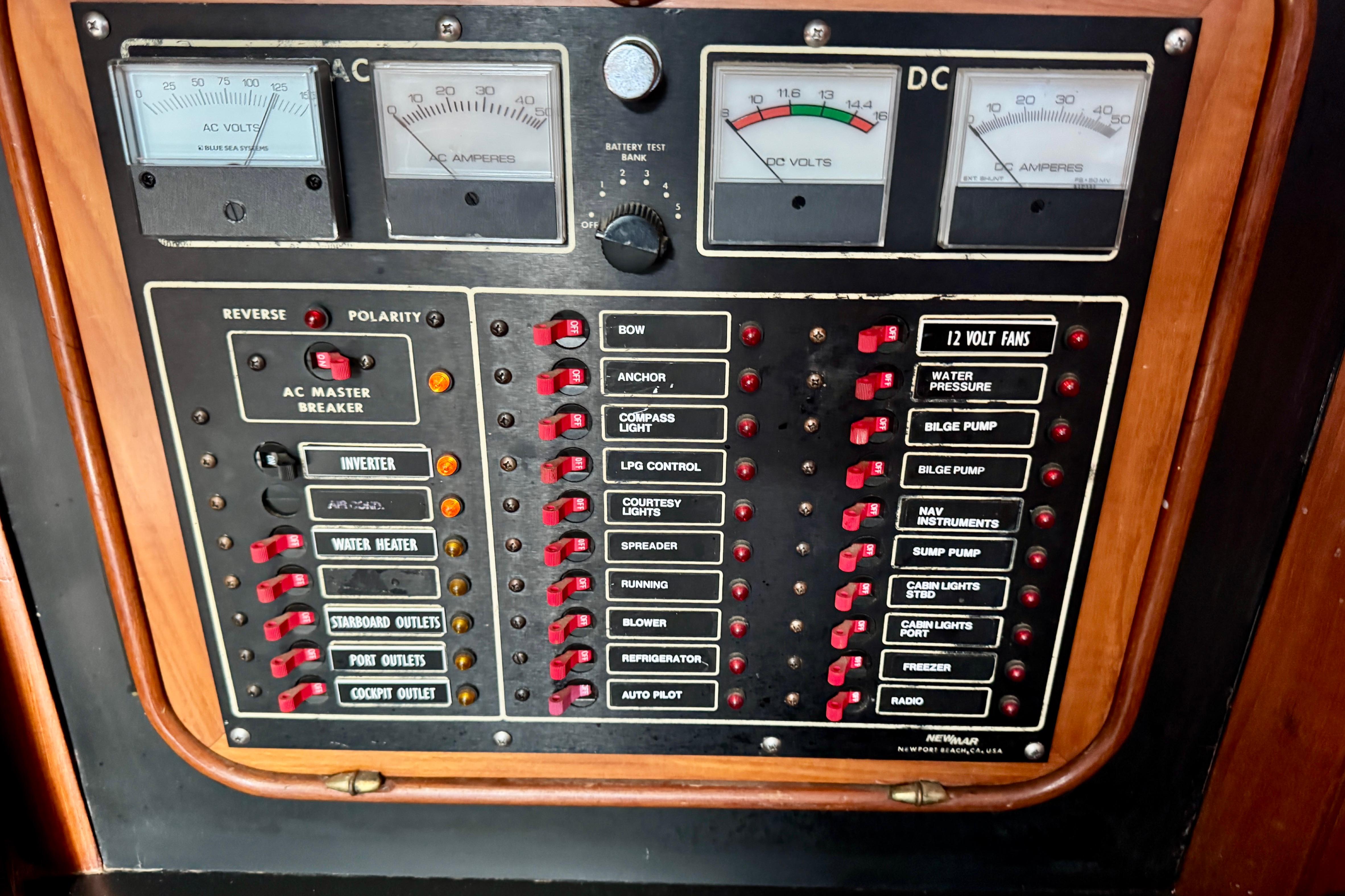 Electrical control panel on a 1988 Hans Christian Christina boat.