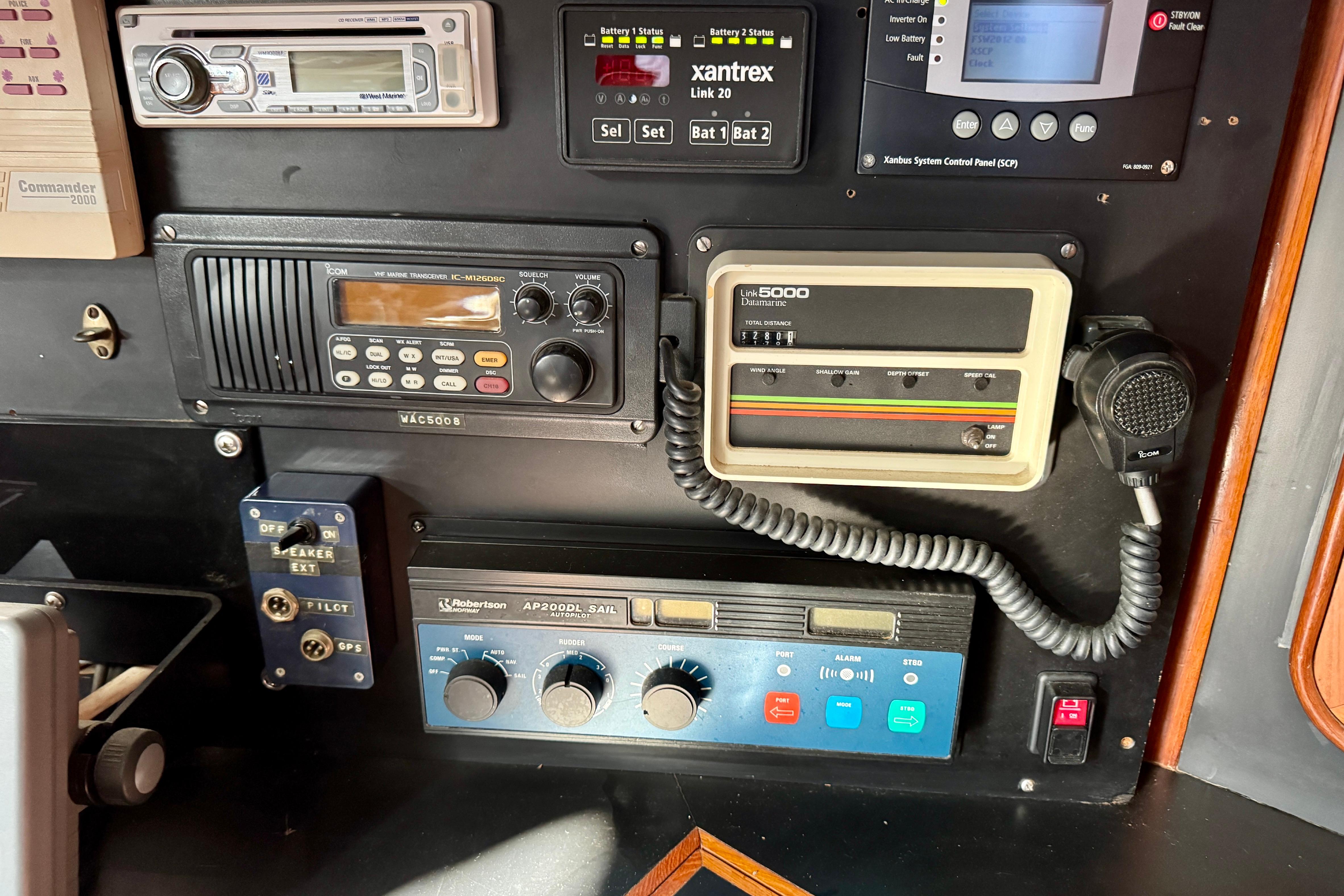 Control panel of a 1988 Hans Christian Christina boat with navigation and communication equipment.
