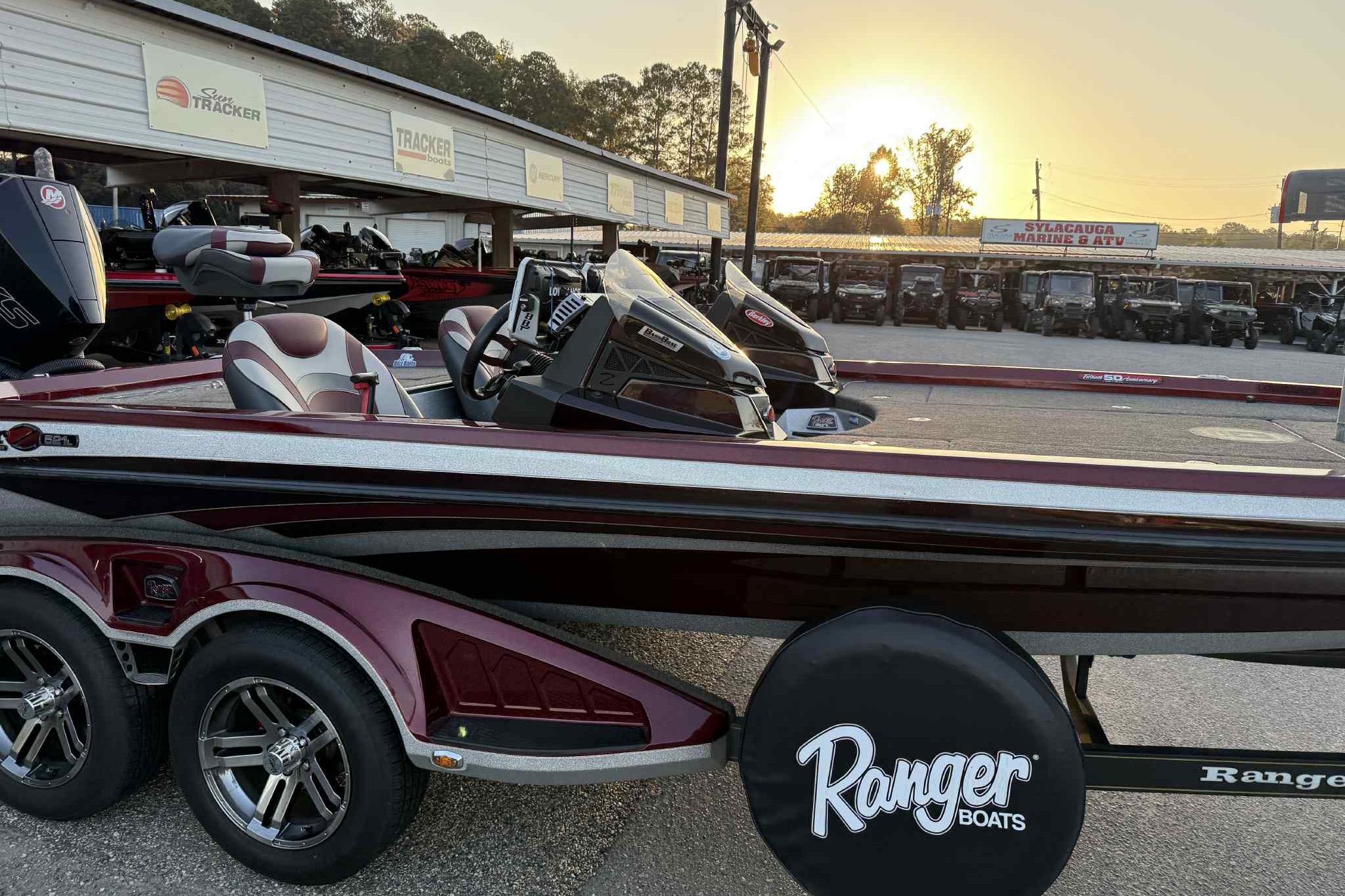2018 Ranger Z520L boat at dealership, sunset in background.